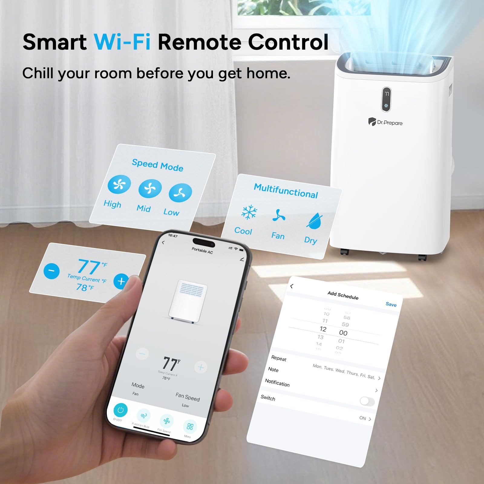 Dr.Prepare 14,000 Btu Portable Air Conditioner With Wifi, 4-In-1 Portable Ac Unit With Remote Control, Fast Cooling, 24H Timers,