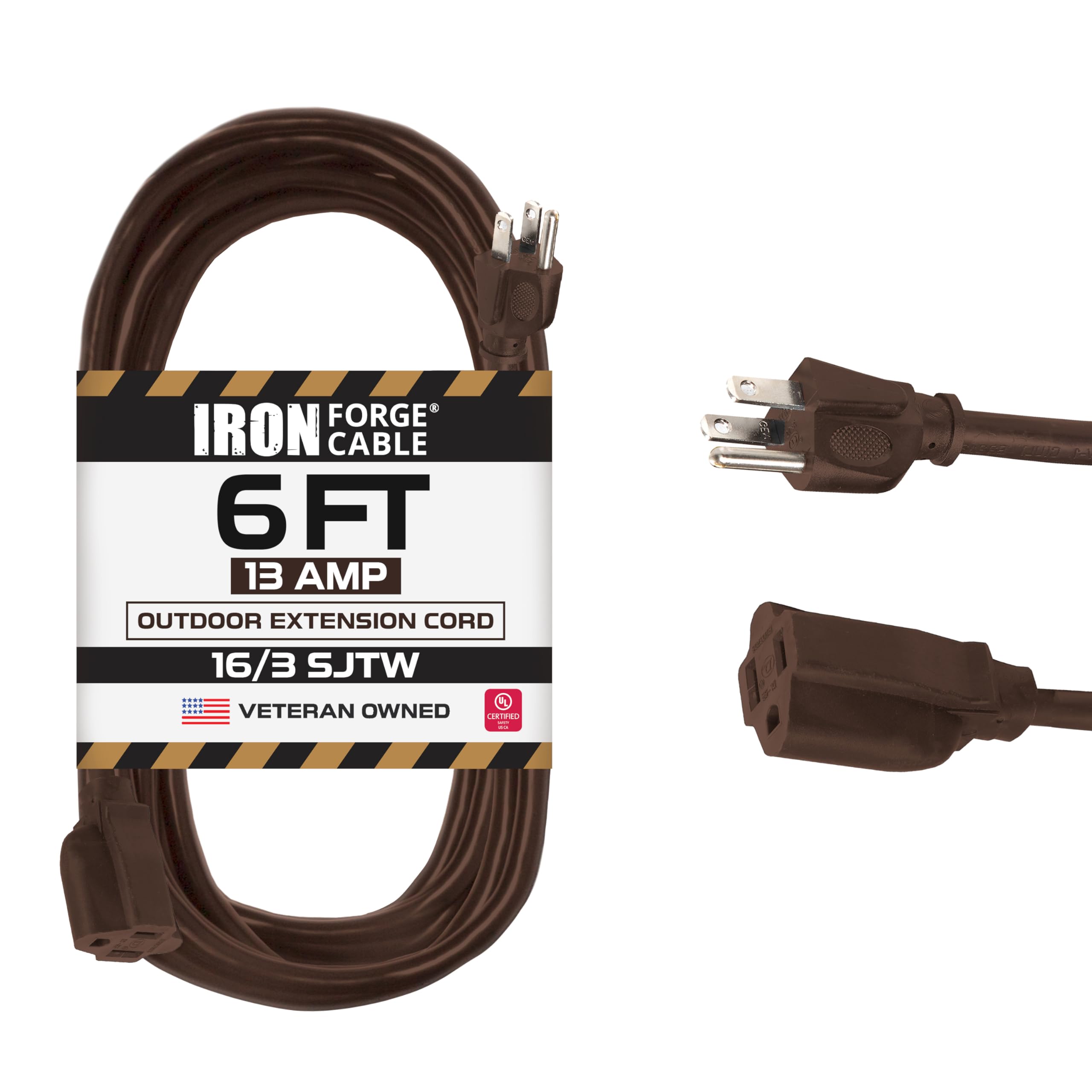 Iron Forge Cable Outdoor Extension Cord 6 Ft, 16/3 Sjtw 6 Foot Dark Brown Exterior Extension Cord 3 Prong, Weatherproof 13 Amp H
