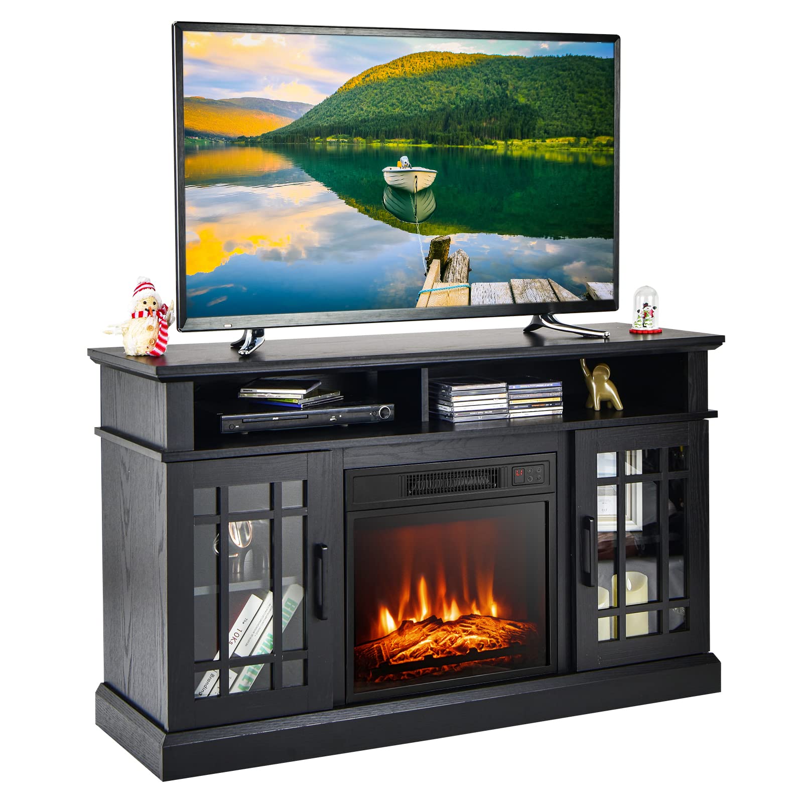 Goflame Fireplace Tv Stand For Tv Up To 55 Inches, Freestanding Wood Entertainment Center With 18    Electric Fireplace, 48'' Tv