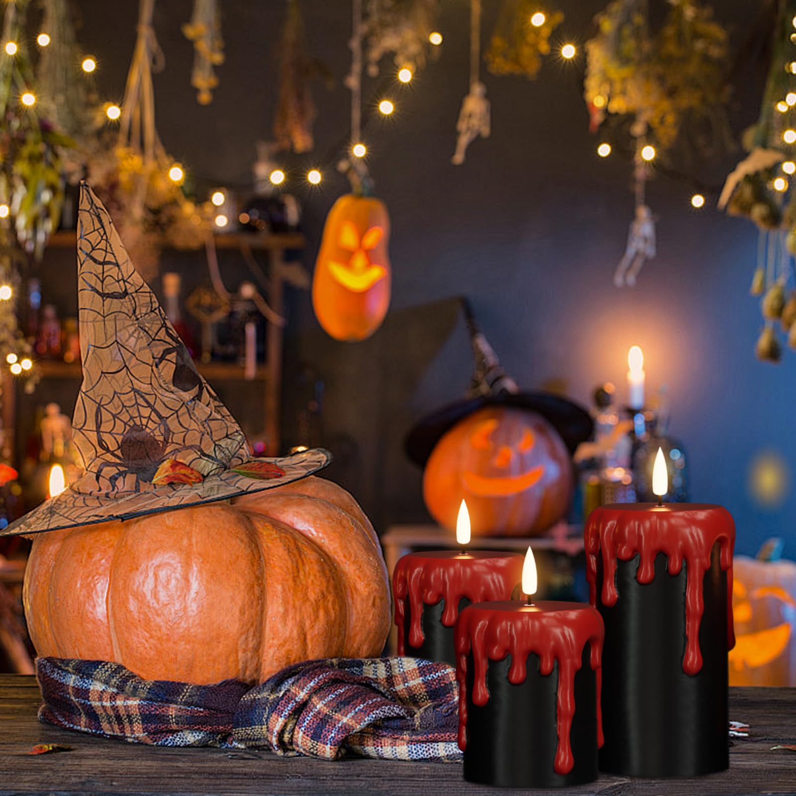 Wondise Halloween Flameless Candles With 6H Timer, Battery Operated Dripping Real Wax Black Led Pillar Candles 3D Wick Flickerin