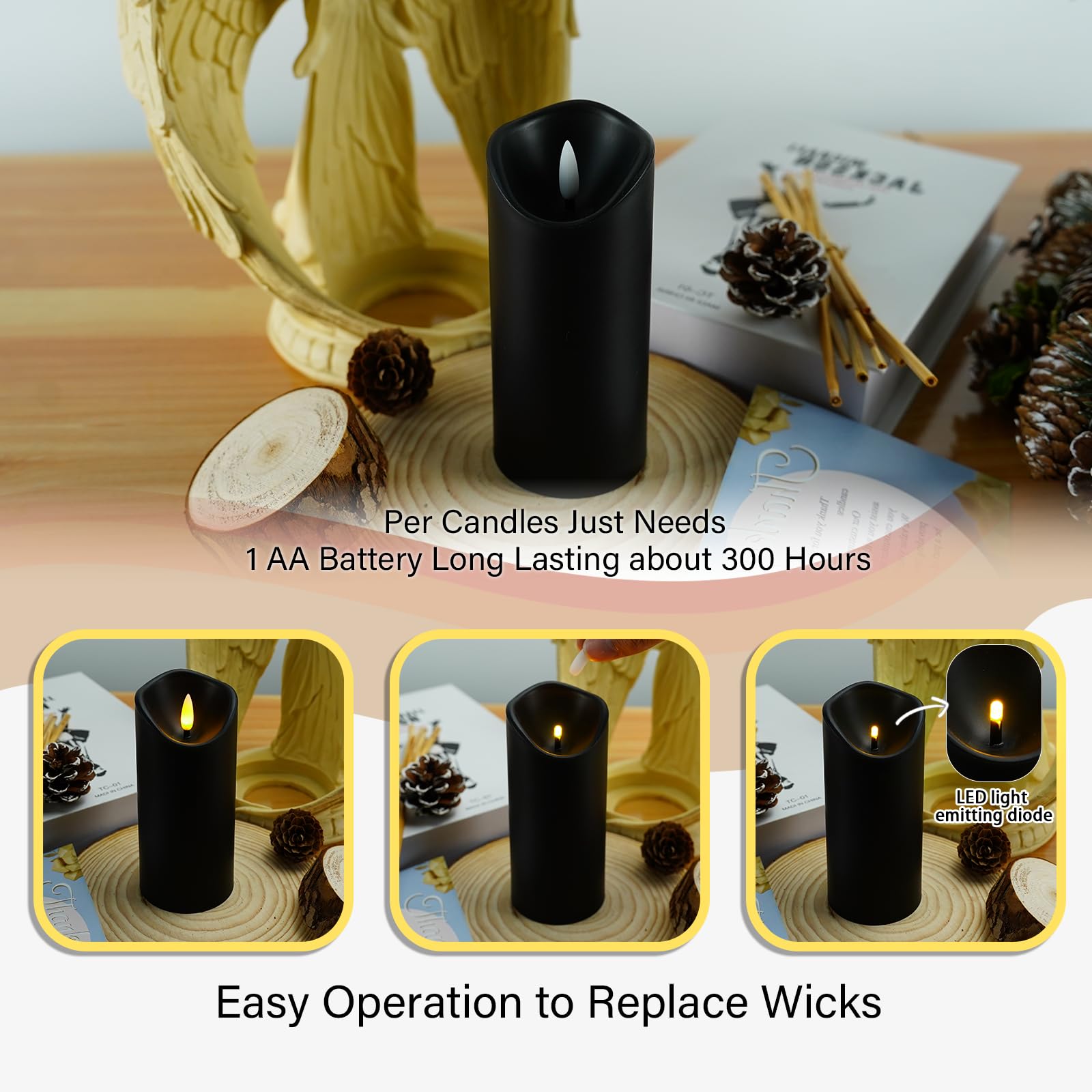 Kakoya Flickering Flameless Candles, Battery Operated Acrylic Led Pillar Candles With Remote Control And Timer, Set Of 9 (Black)