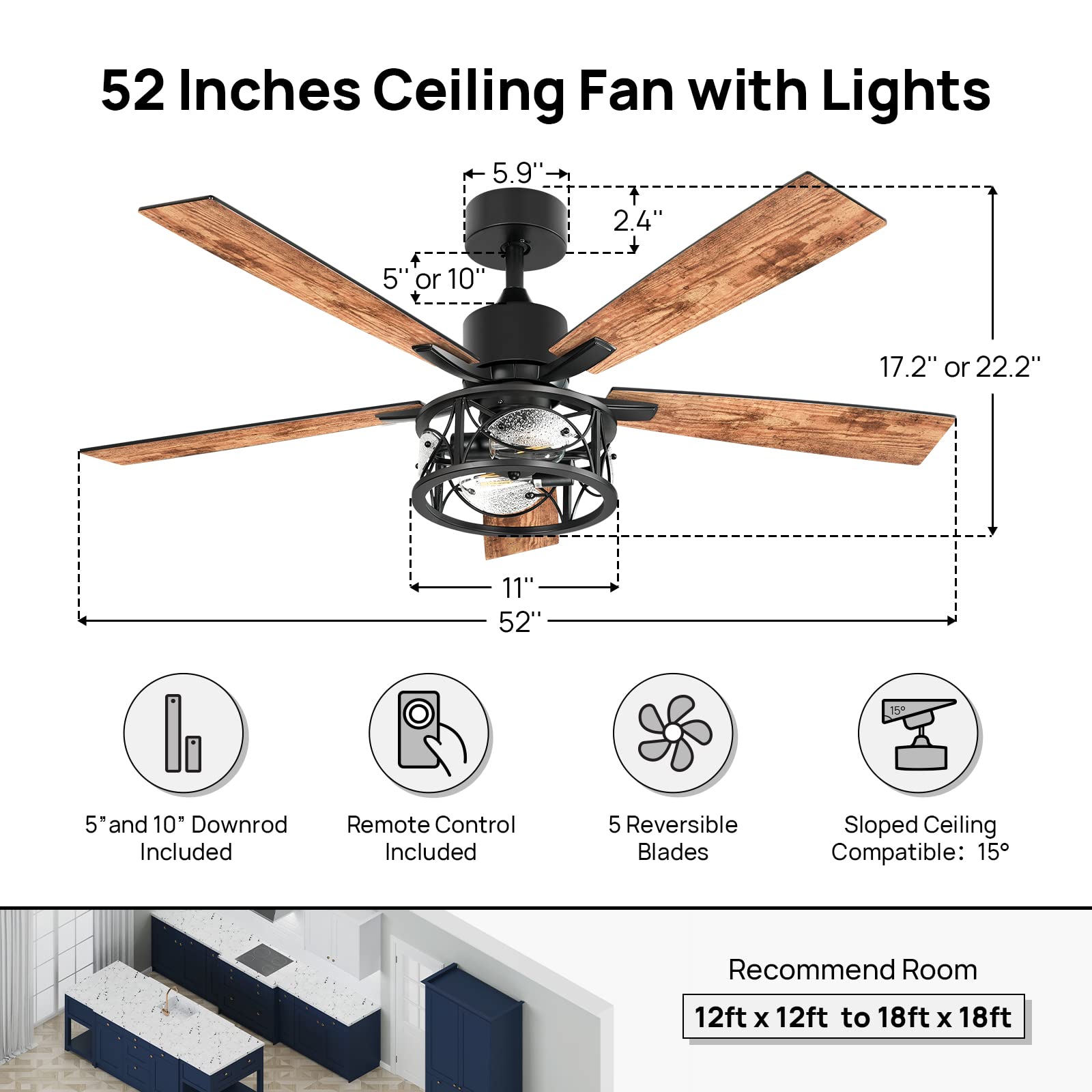 Consciot Ceiling Fan With Lights, 52 Inch Farmhouse Indoor Ceiling Fan With Remote, Quiet Reversible Dc Motor, 5 Double Finish W