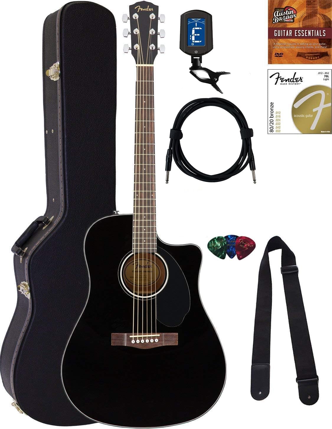 Fender CD-60SCE Solid Top Dreadnought Acoustic-Electric Guitar - Black Bundle with Hard Case, Instrument Cable, Tuner, Strap, St