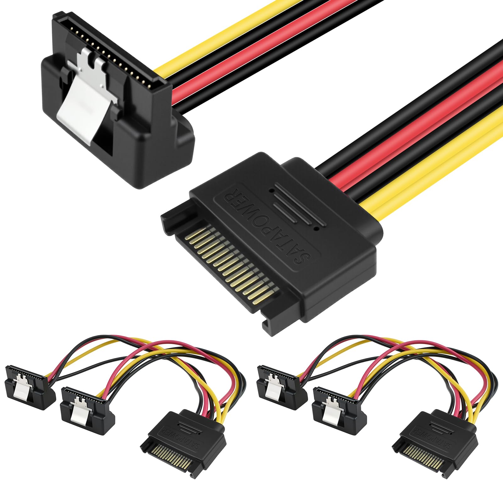 SDTC Tech 15 Pin SATA Power Splitter Adapter Cable Male to Dual Female 90-Degree Angle with Locking Latch Power Extension Cable 