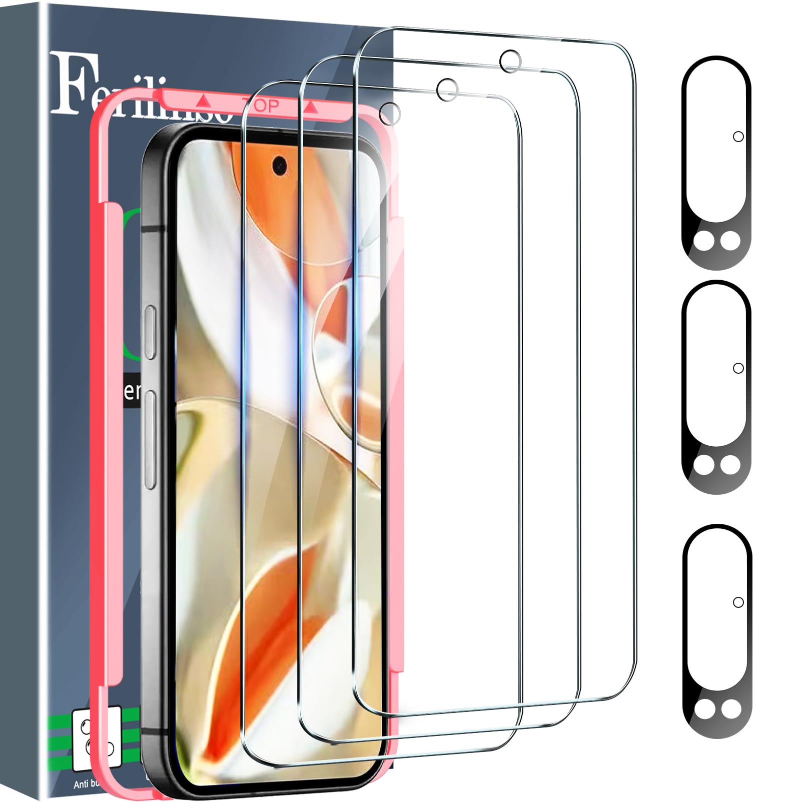 Ferilinso Full Coverage 3 Pack Screen Protector For Google Pixel 9 Pro [Phone Case Friendly], 3 Pack Tempered Glass Camera Lens