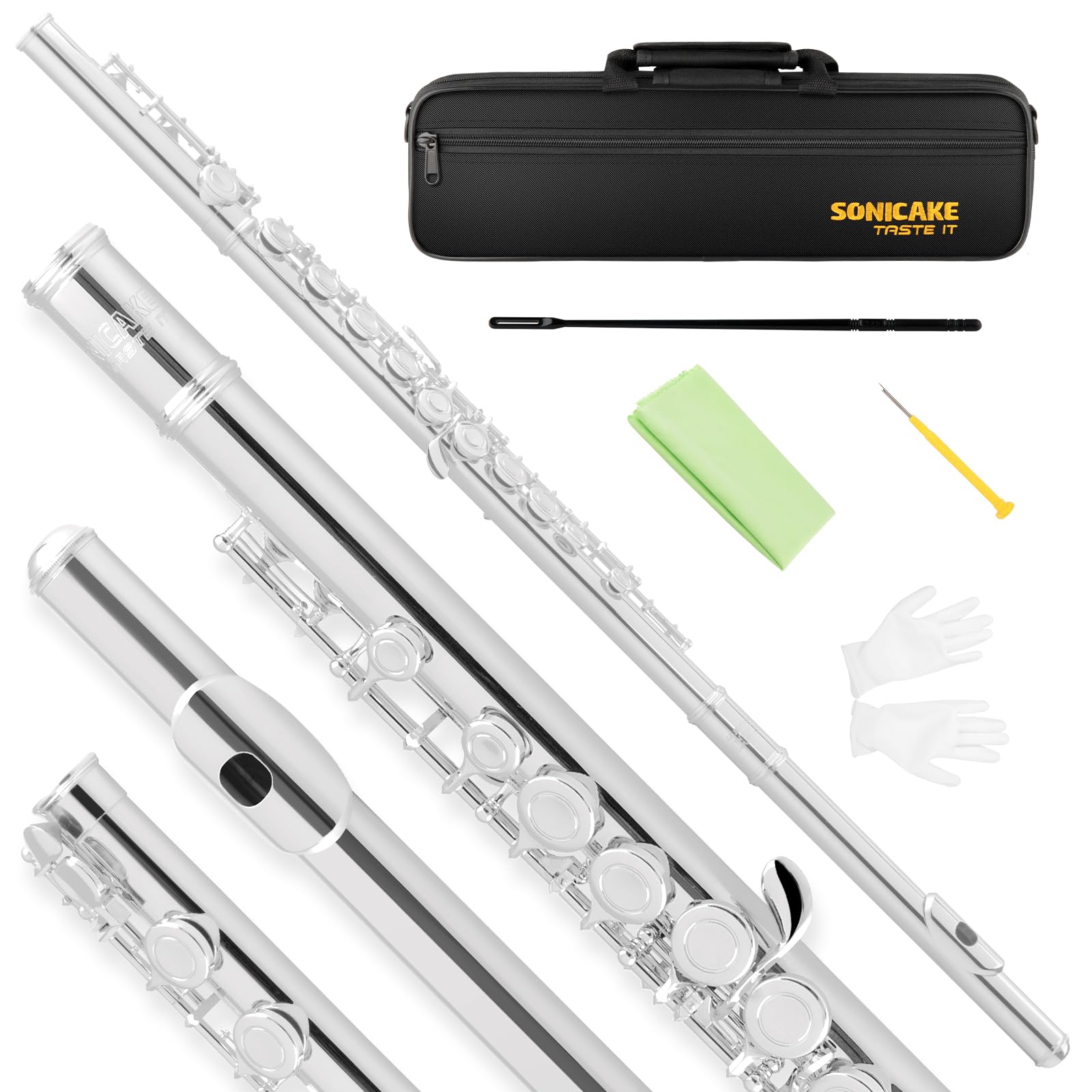 SONICAKE Closed Hole 16 Keys Flute, Silver-plated C Flutes for Beginner Student, Flute Instrument with Cleaning Kit, Carrying Ca