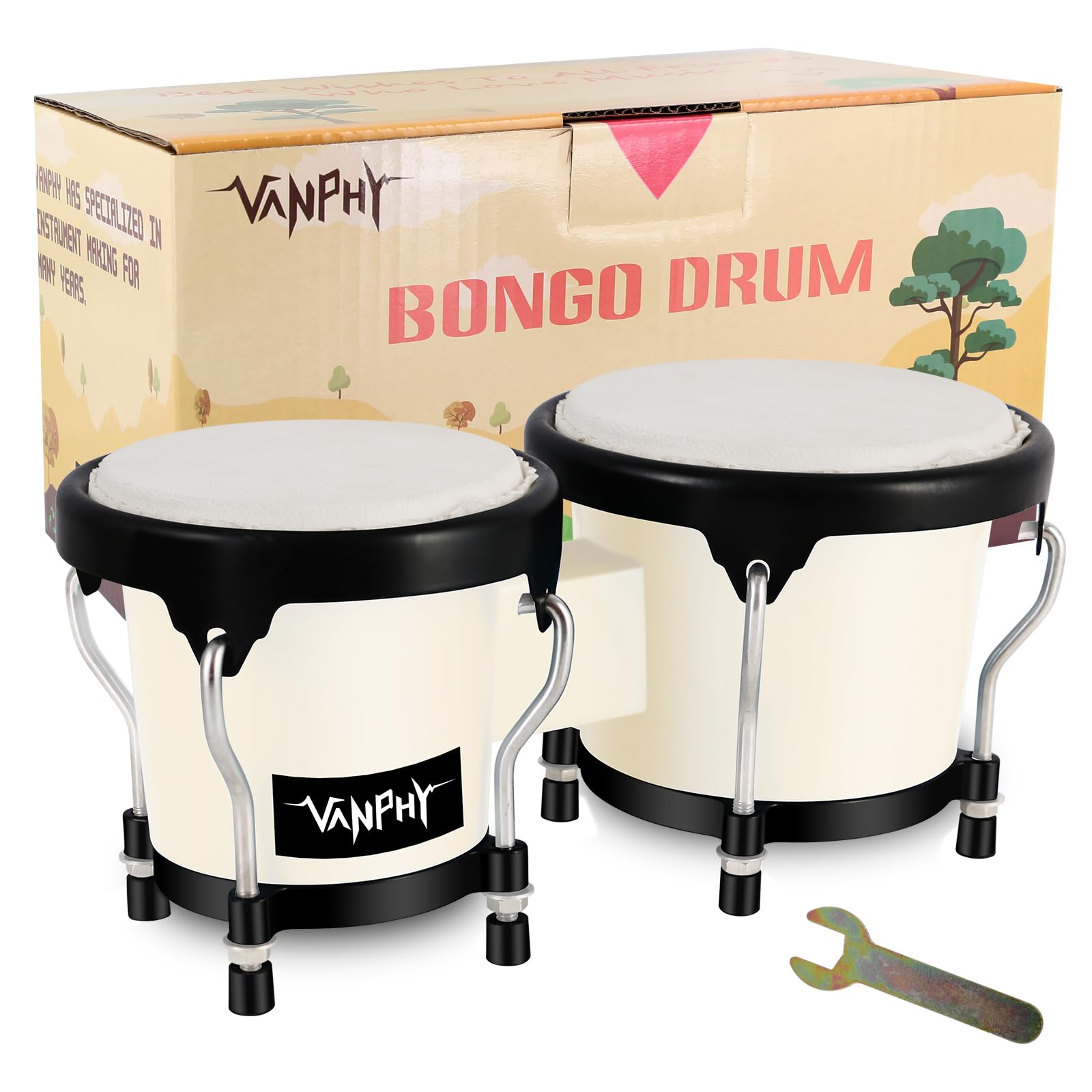 Vanphy Bongo Drum 4'' And 5'' Set For Adults Beginners Tunable Natural Skin Bongos Percussion Instruments With Tuning Wrench And