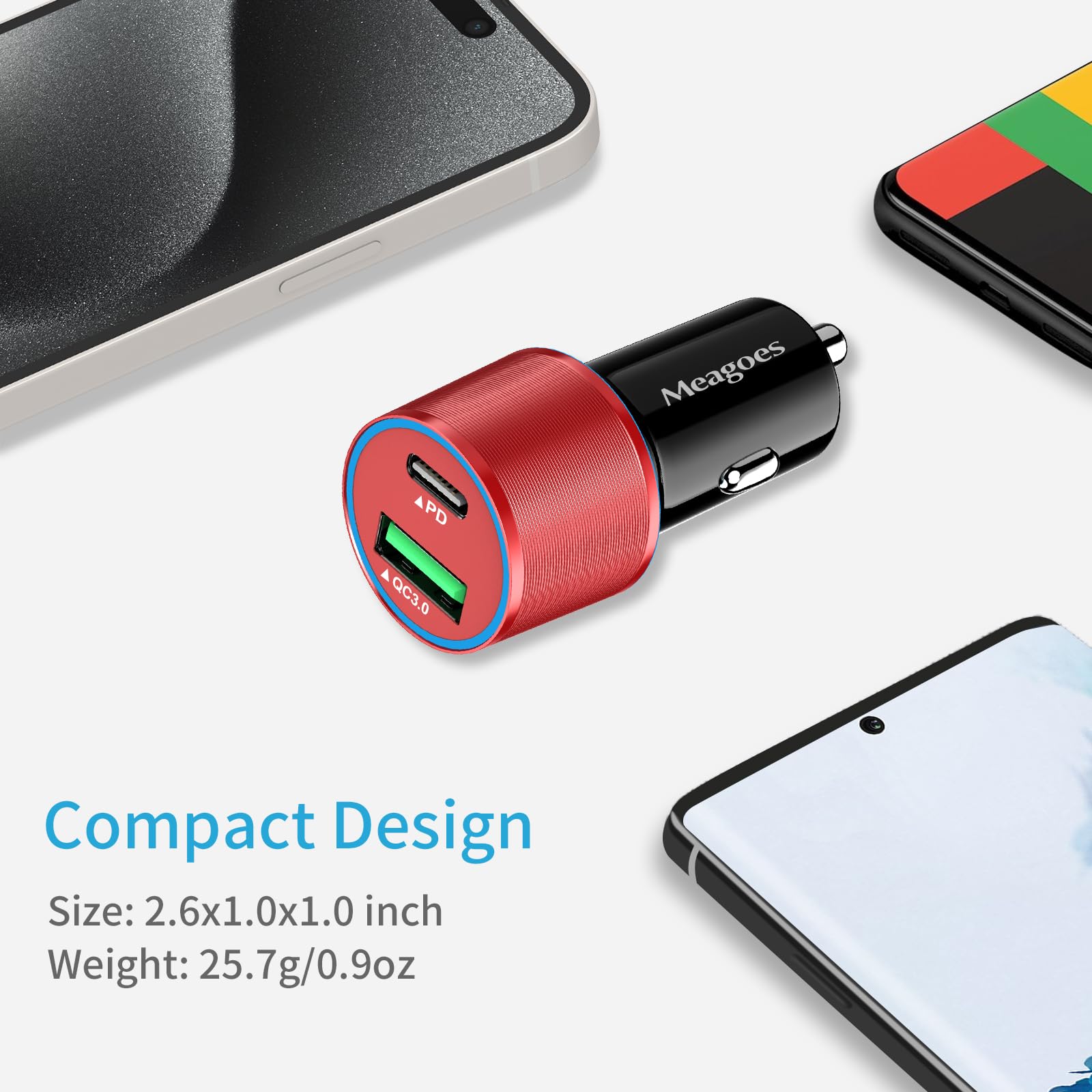 Meagoes Red Usb C Car Charger, 48W 2 Port Fast Charging Adapter With Pd&Qc3.0 Compatible For Iphone 16/15 Pro Max/Samsung Galaxy