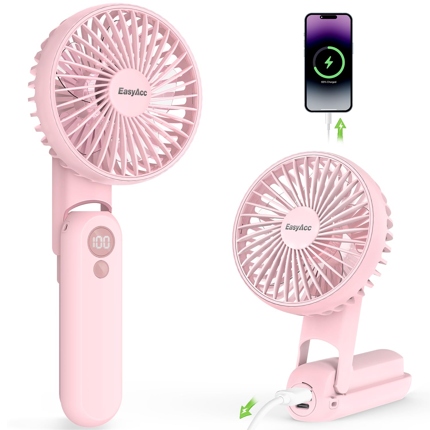 Easyacc Portable Fan For Travel,Rechargeable Handheld Fan, 5 Speed Ultra Quiet 3 18H With Backup Power Battery Digital Display F