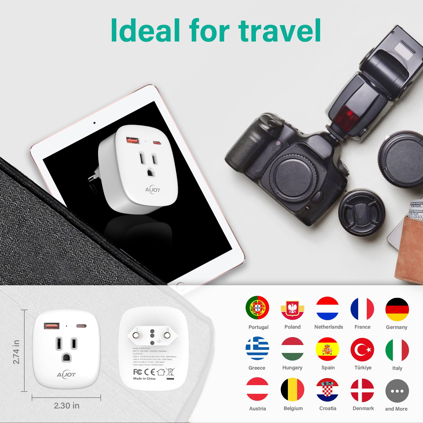 European Travel Plug Adapter, Pd 20W Usb C International Power Plug, 2 Outlets & 2 Usb Charger (1 Usb C), Aijoy Type C Outlet Ad