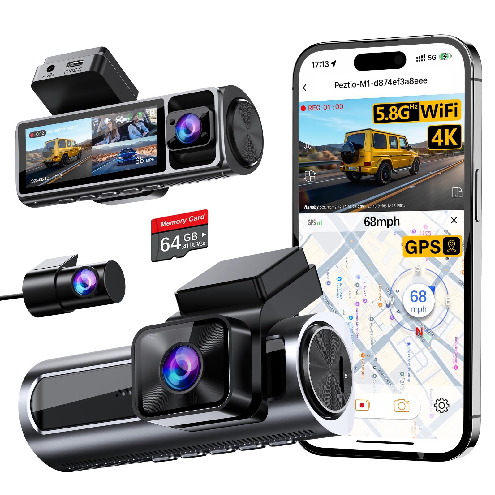 Nanoby 4K 3 Channel Dash Cam Front and Rear Inside, Built-in 5.8GHz WiFi GPS, 64GB Card Included, 4K+1080P+1080P Dash Camera for