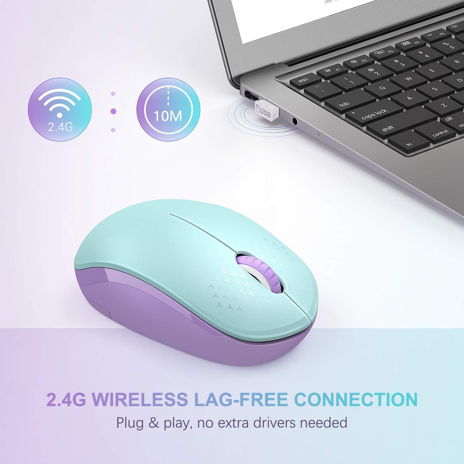Seenda Wireless Mouse, 2.4G Noiseless Mouse With Usb Receiver Portable Computer Mice For Pc, Tablet, Laptop   Mint Green&Purple