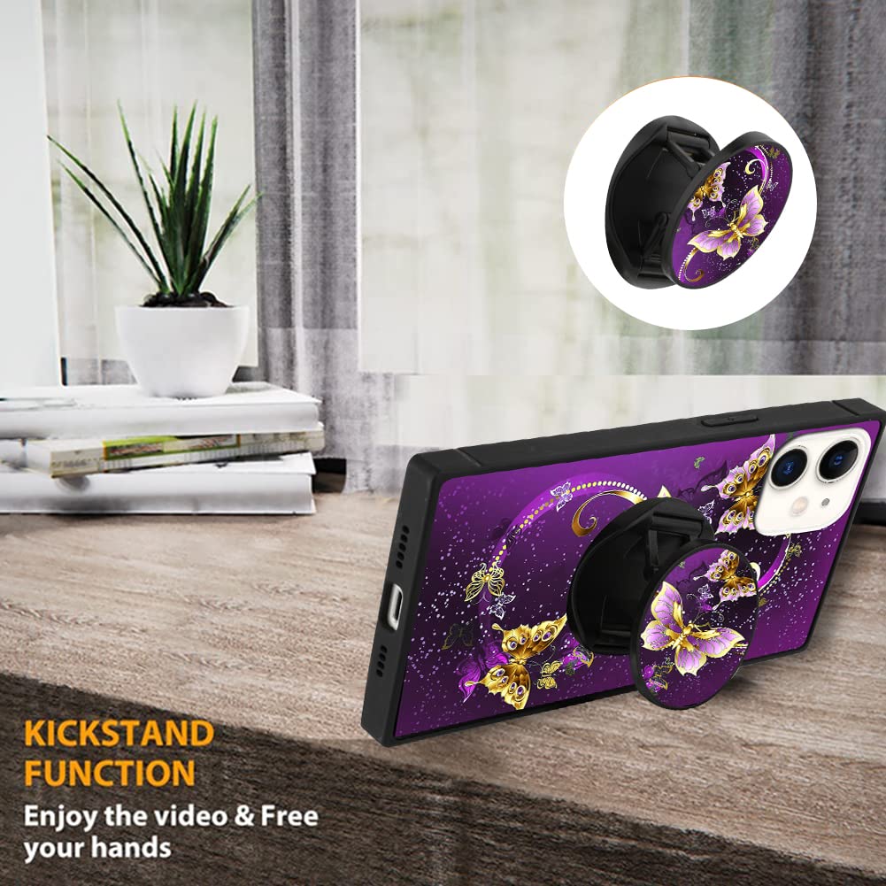 SAKUULO iPhone 12 Case with Screen Protector Kickstand Shock Absorption Soft TPU Edge Hard PC Purple Butterfly 6.1 Inch