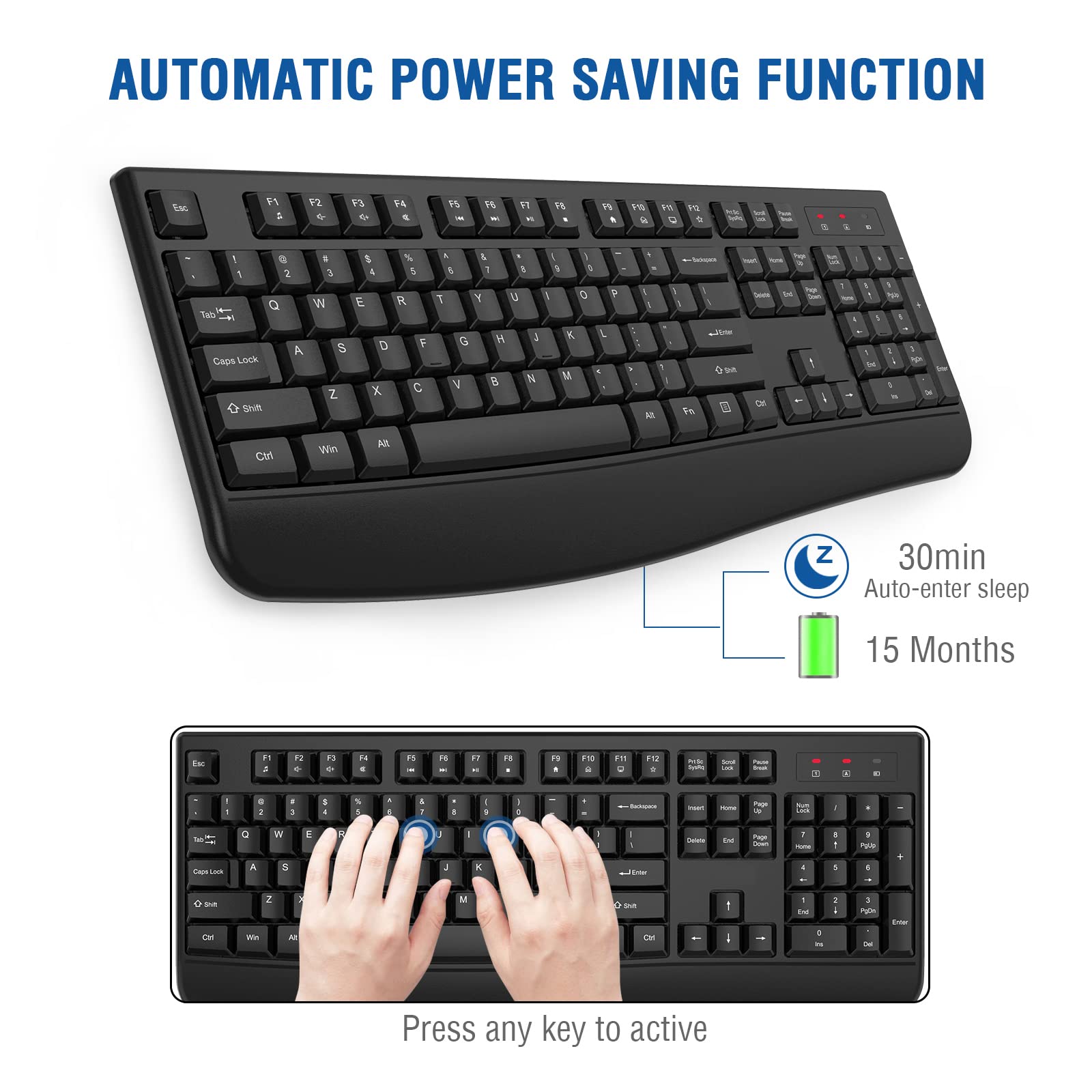 Edjo Wireless Keyboard, 2.4G Ergonomic Full Size Wireless Computer Keyboard With Wrist Rest For Windows, Mac Os Desktop/Laptop/P
