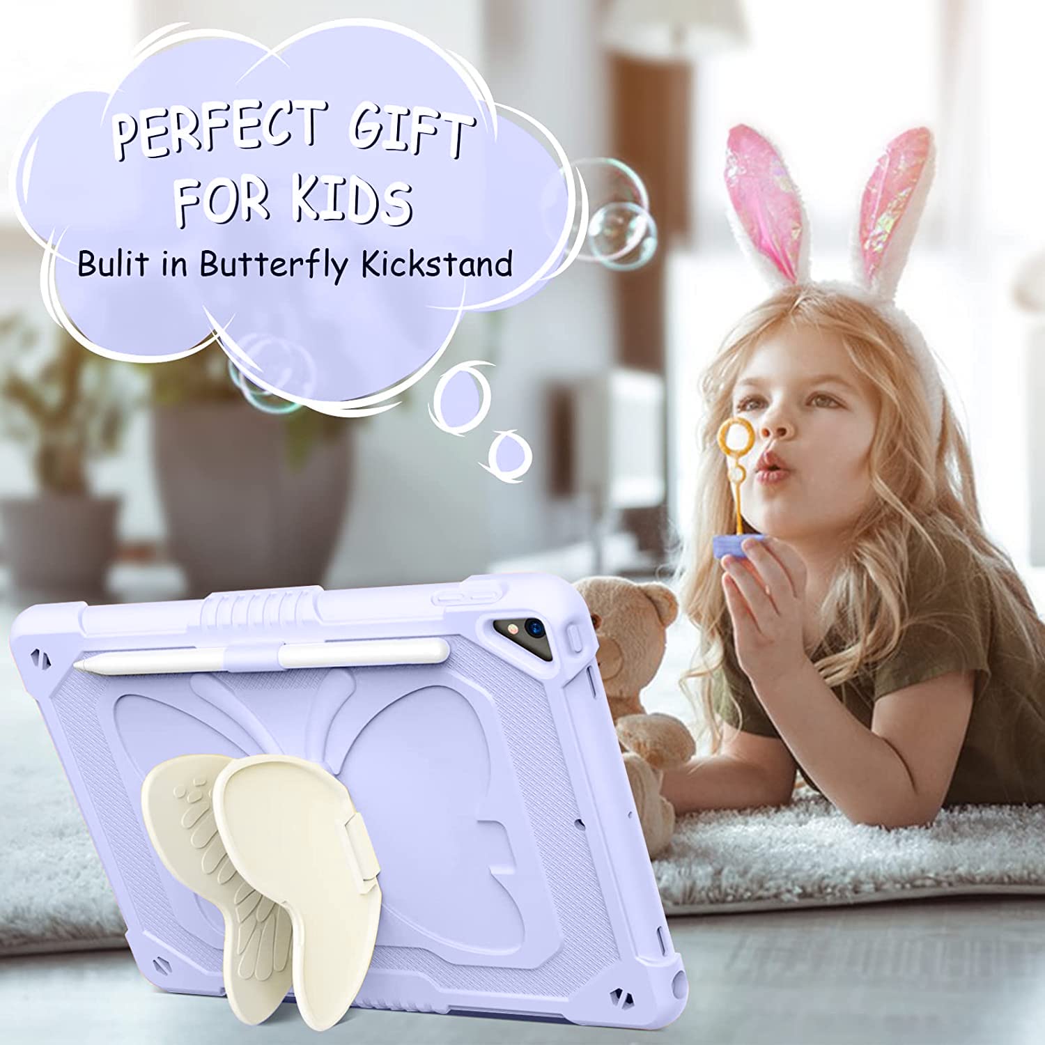 Ambison Case For Ipad 9Th/8Th/7Th Generation 10.2 Inch With Glass Screen Protector,Rugged Shockproof Protective Cover For Kids Girls Butterfly Stand,Shoulder Strap For Ipad 2021/2020/2019 Purple