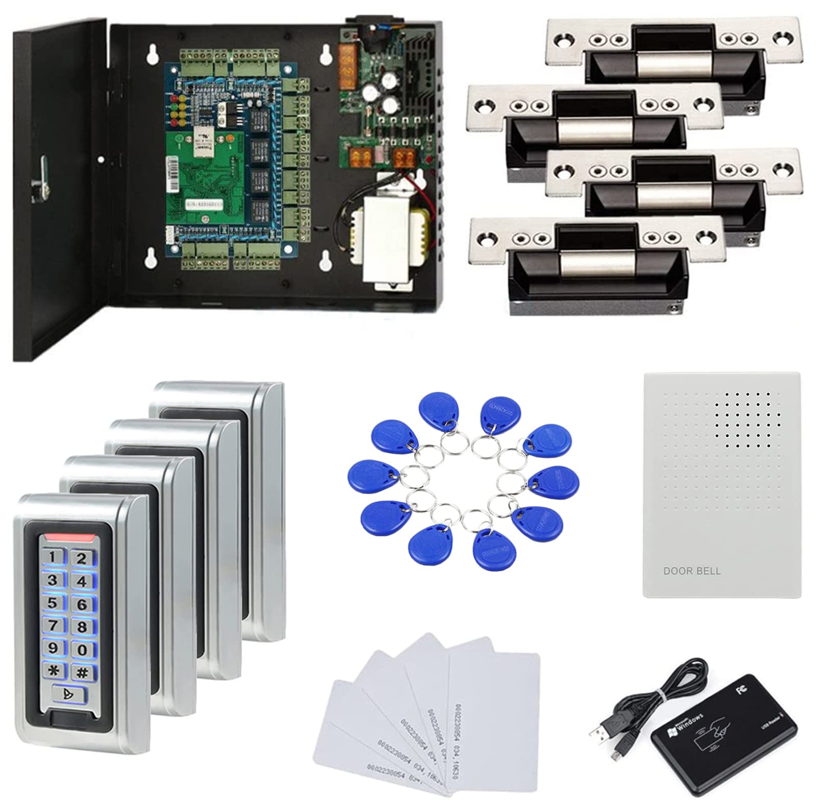 Mengqi Control Waterproof Metal Keypad Reader Standard North American Strike Lock Tcpip 4 Doors Access Control Systems 110 240V Power Box +Rfid Key Fob/Card