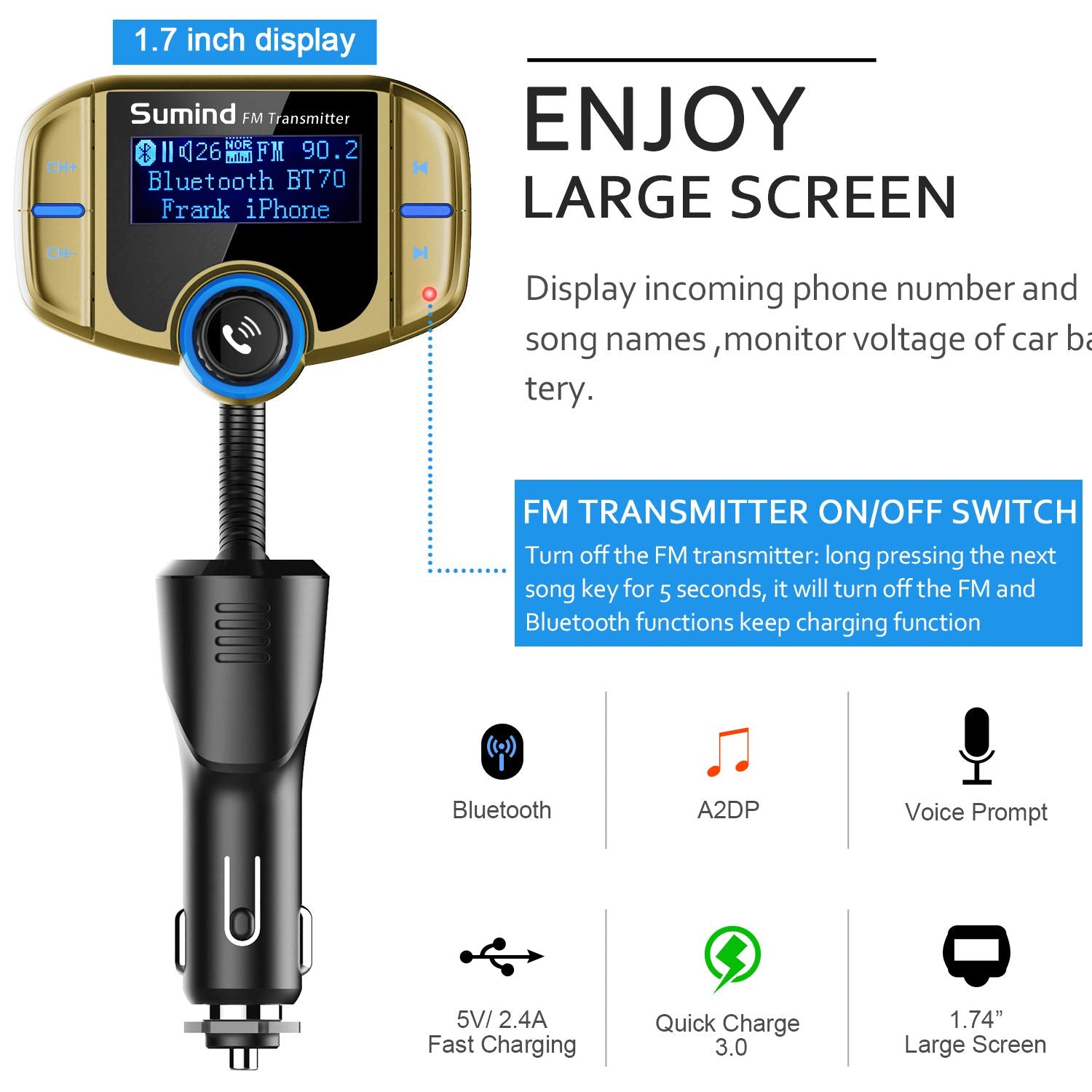 Upgraded Bluetooth Fm Transmitter, Wireless Radio Adapter Hands Free Car Kit With 1.7'' Display, Qc3.0 And Smart 2.4Amp Dual Usb Ports, Aux Input/Output, Tf Card Mp3 Player (Golden,Normal)