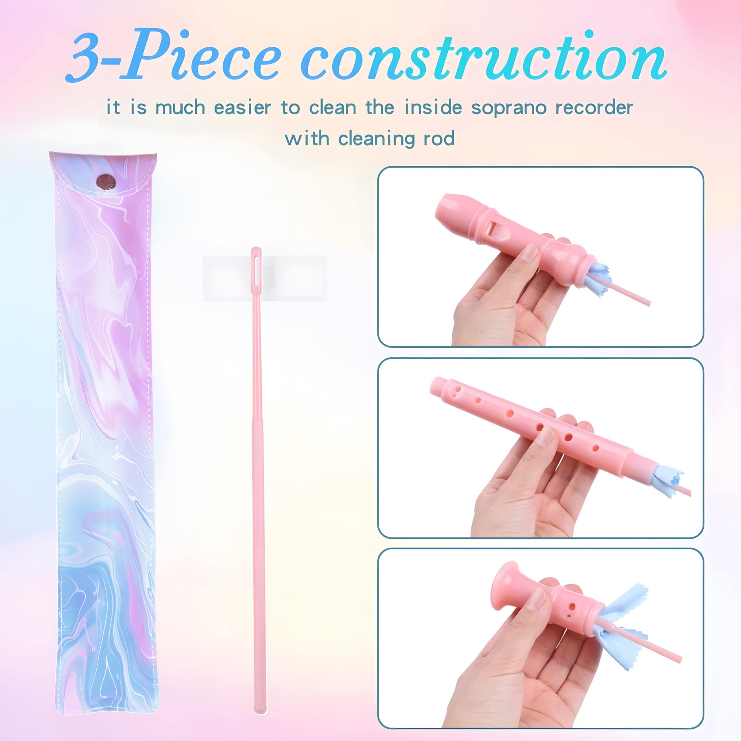 Soprano Recorder For Kids Beginners, German Fingering, C Key, 3 Piece With Cleaning Rod, Bag, Fingering Chart (Pink)