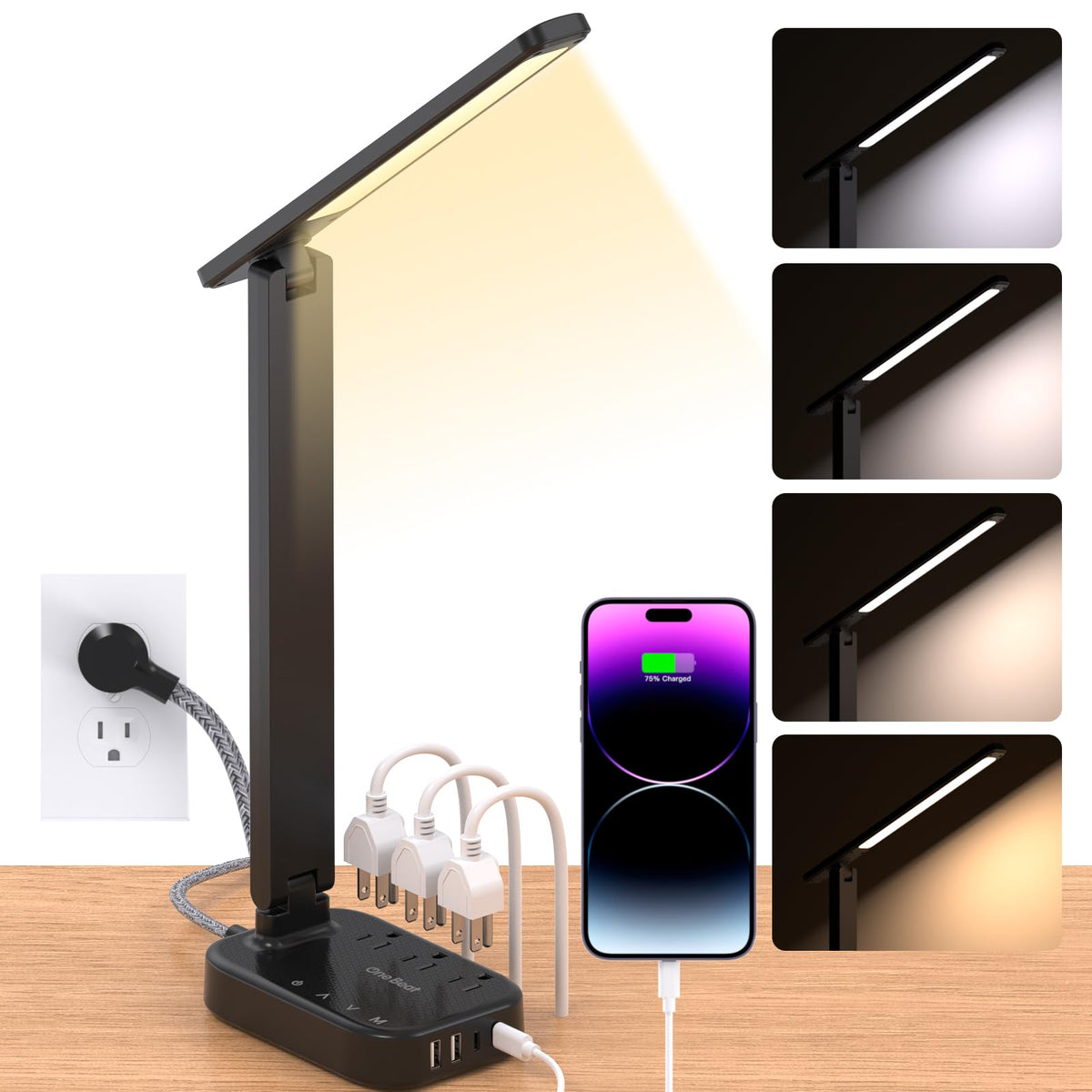 Power Strip With Led Desk Lamp, 3 Outlets 4 Usb Ports(2 Usbc) 4 Modes 5 Level Touch Lamp Small Desk Lamp For Home Office Bedroom
