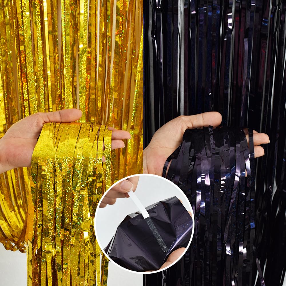 Beishida 4 Pcs Black And Gold Party Streamers Fringe Foil Curtain Backdrop Tinsel Background Party Decoration For Door Wall Grad
