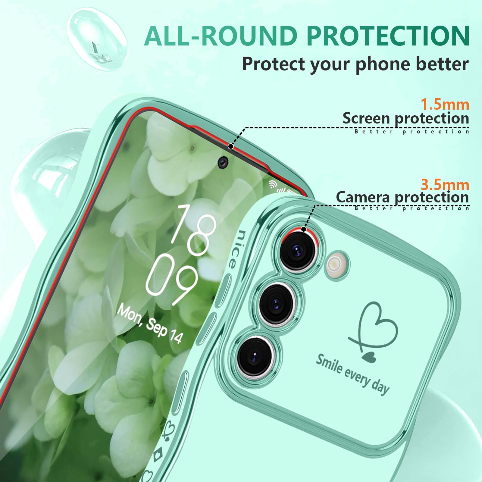 Lchulle For Samsung Galaxy S23 Case For Women Girls, Cute Wave Frame Curly Shape With Love Heart Raised Camera Protection Cover