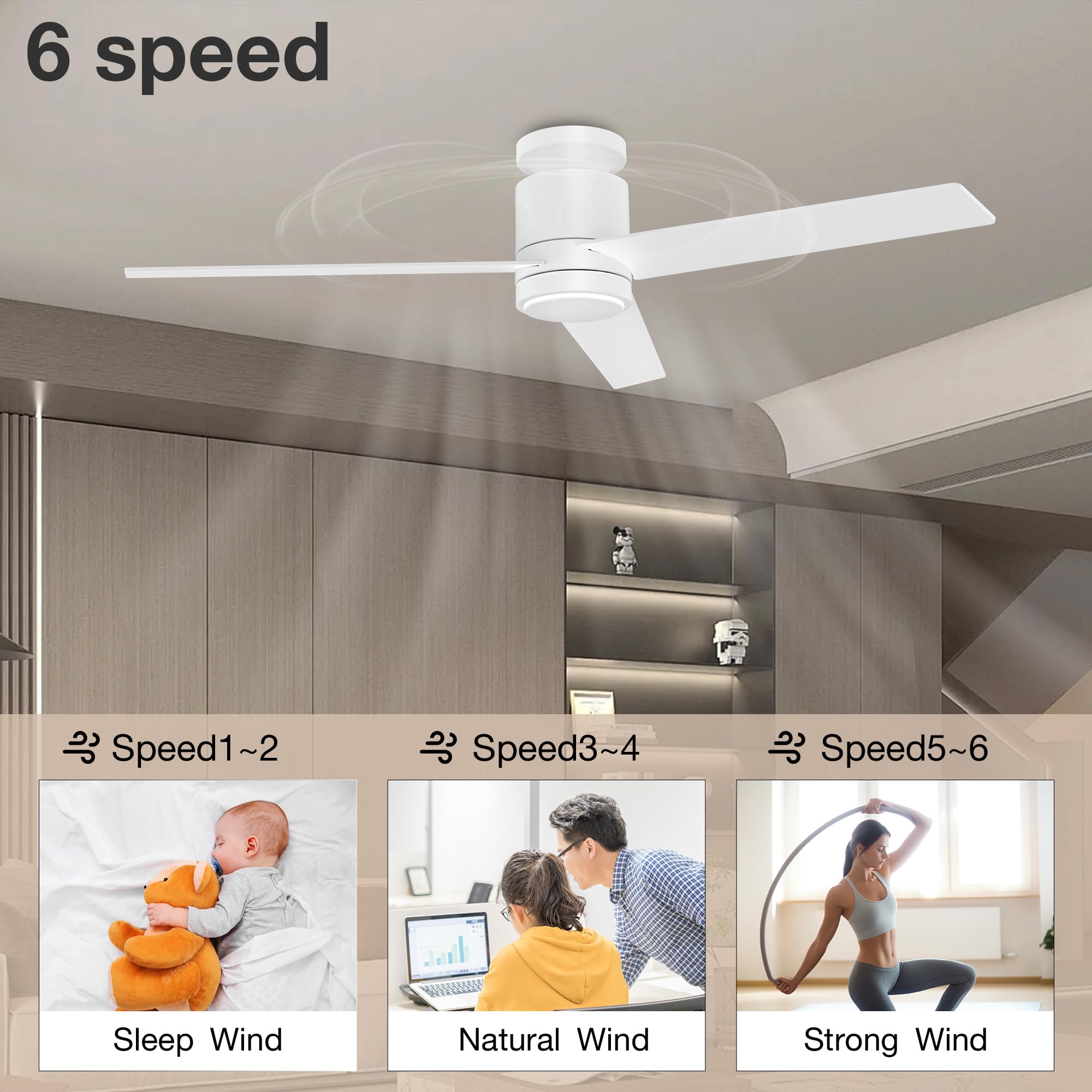 Lorpies 52 Inch Smart Flush Mount Ceiling Fans With Lights Remote,Quiet Dc Motor,Outdoor Indoor Low Profile Ceiling Fan,Voice Co