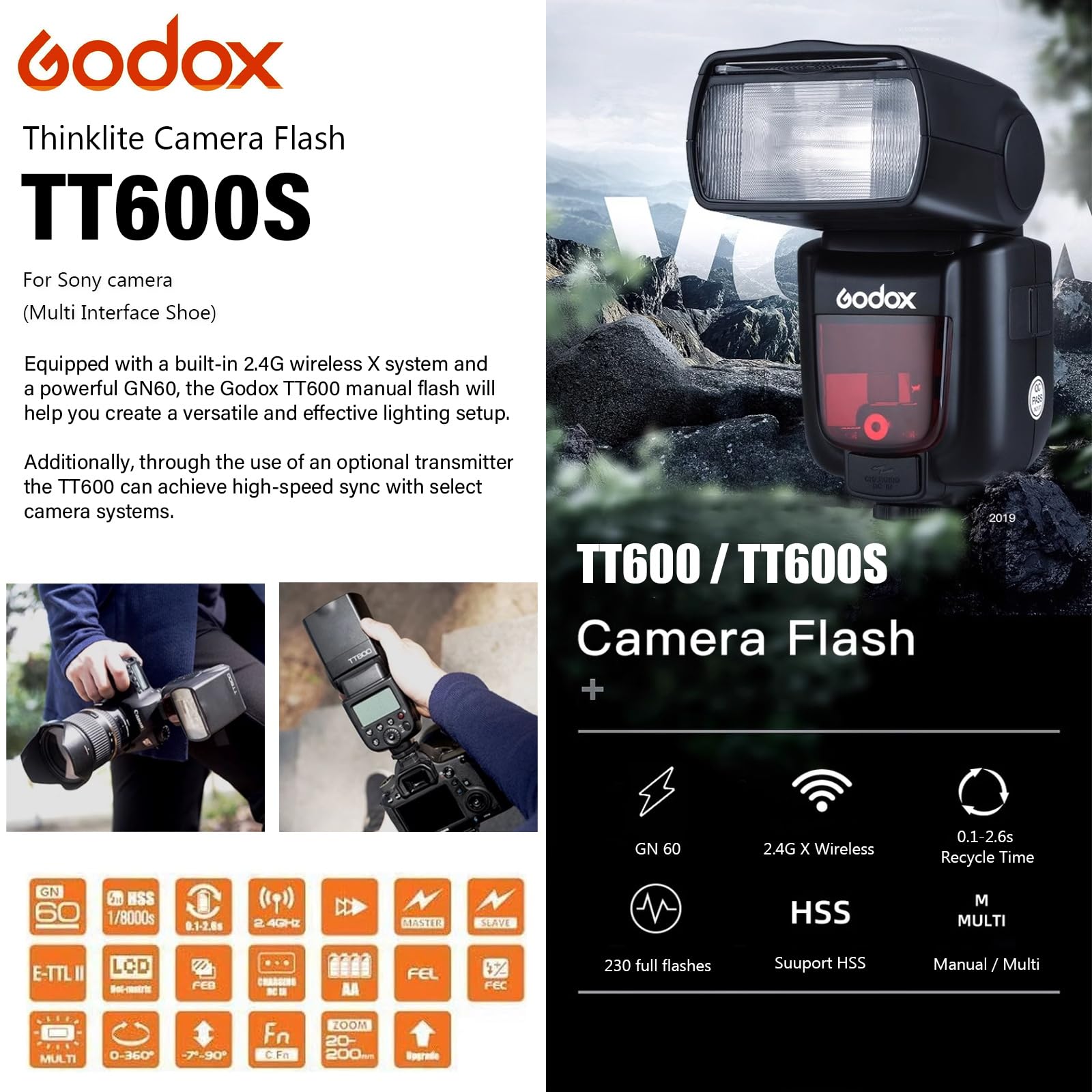 Godox Tt600S 2.4G Wireless Camera Flash Speedlite With Diffuser, Master Slave Off Gn60 Manual Flash, Support Hss When Paired Off