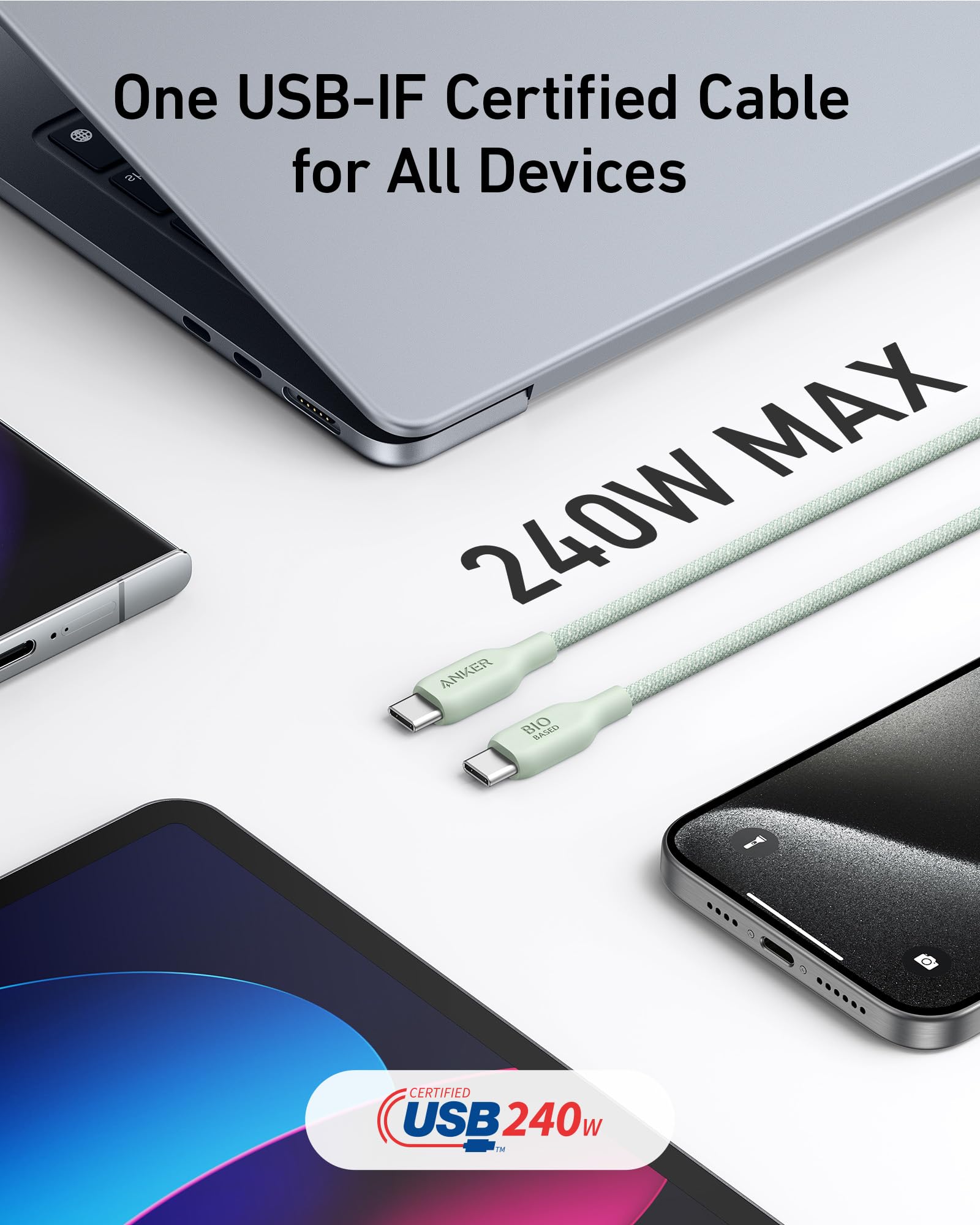 Anker Usb C To Usb C Cable (240W, 3 Ft), Bio Braided Charger Cable, Fast Charge For Iphone 15/15 Pro, Macbook Pro 2020, Ipad Pro