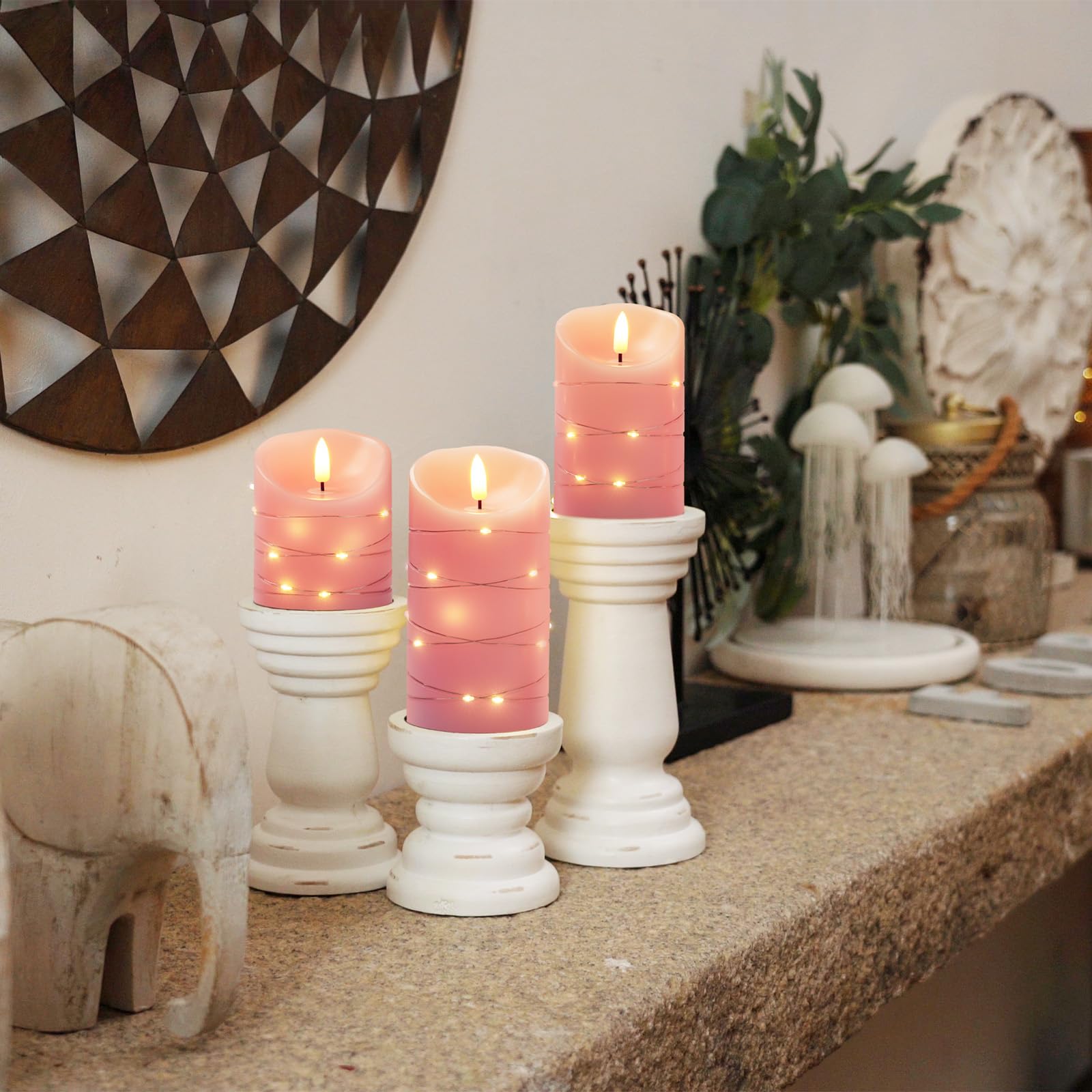 Homemory Flameless Candles With String Lights, 3 Pack Embedded Fairy String Lights Led Candles, Electric Flickering Candles With
