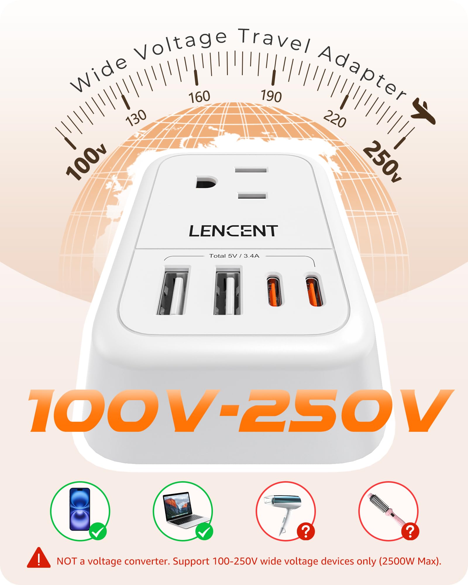 Lencent European Travel Plug Adapter, Foldable Us To Europe Plug Adapter With 4 Outlets, 4 Usb (2 Usb C) Charger Adapter, Type C