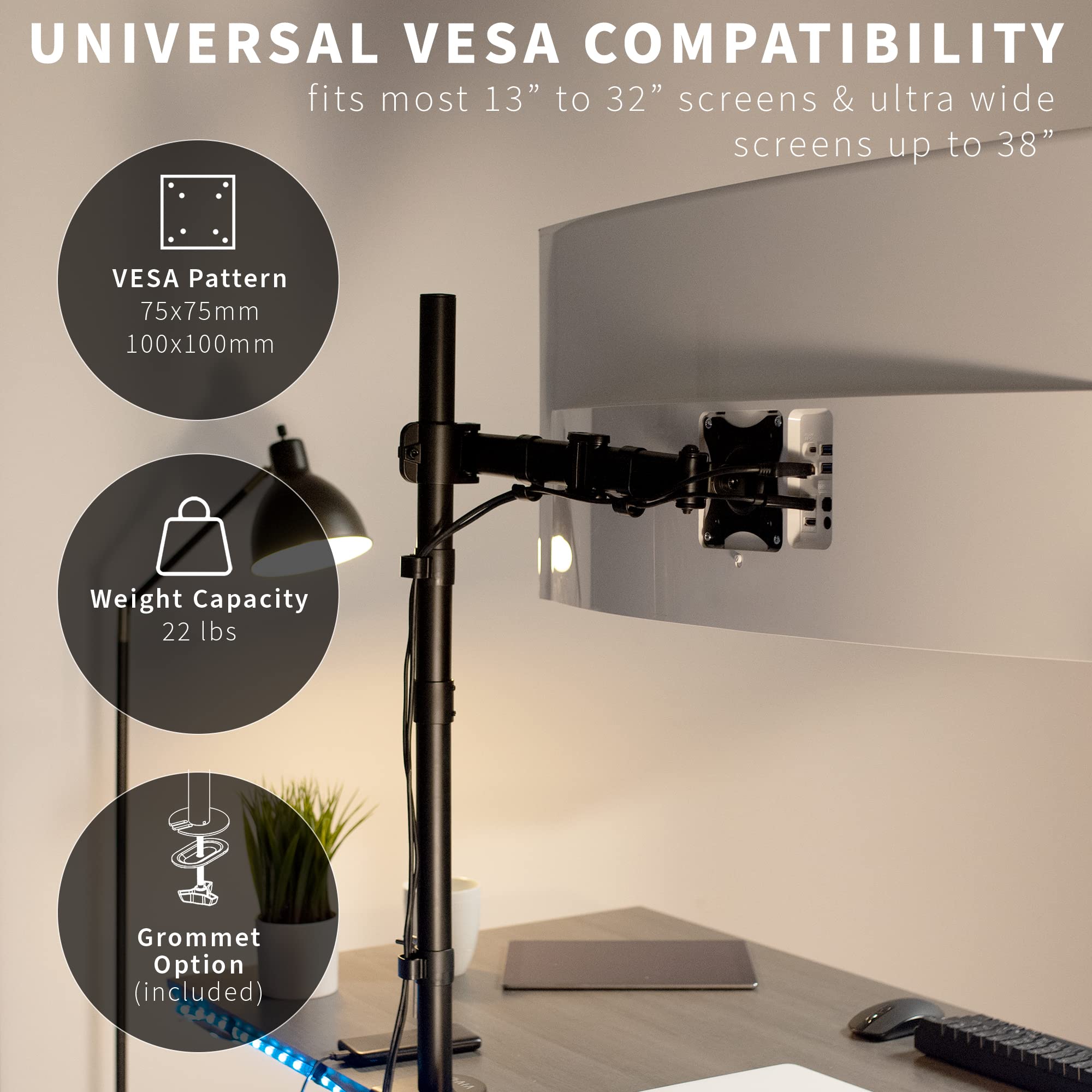 VIVO Single Monitor Desk Mount, Extra Tall Fully Adjustable Stand for 1 LCD Screen up to 32 inches, Ultra Wide Screens up to 38 inches, 22 lbs Capacity, STAND V001T