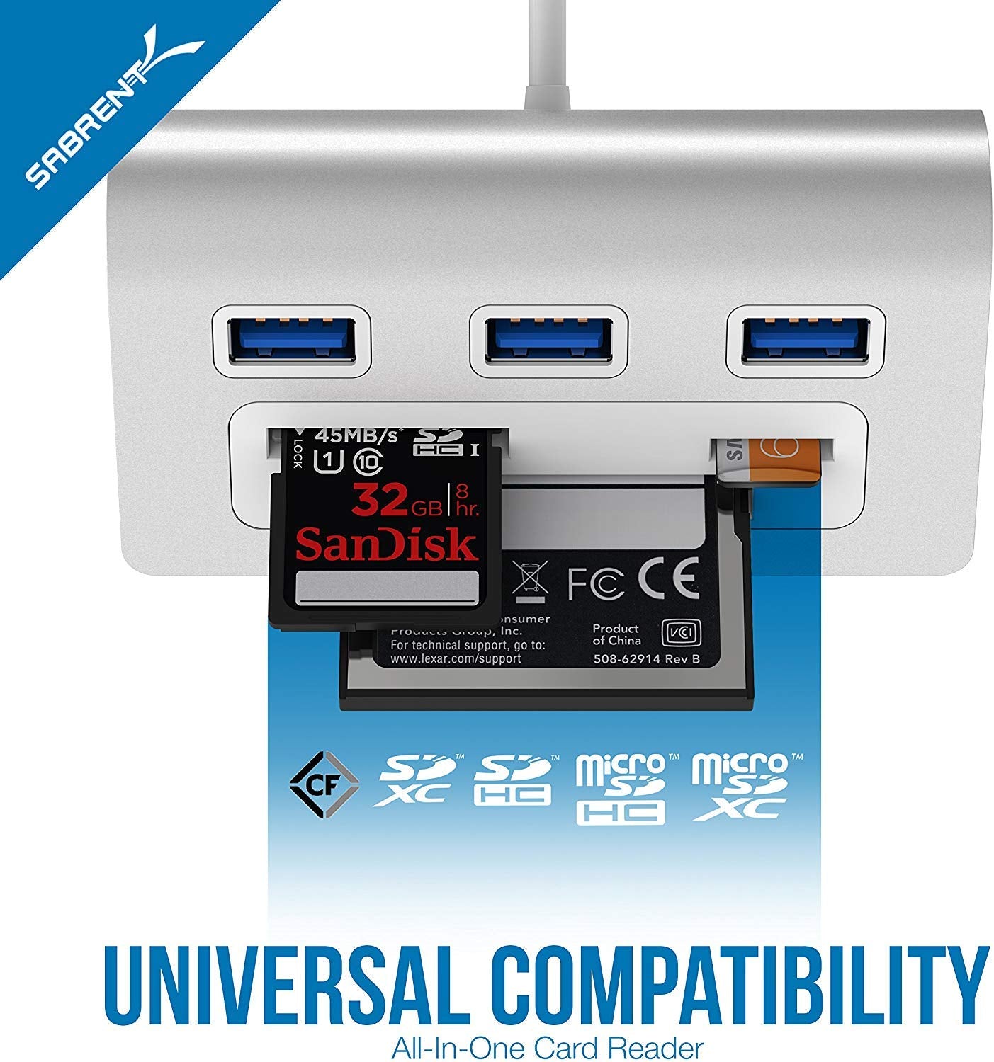 Sabrent Premium 3 Port Aluminum Usb 3.0 Hub With Multi In 1 Card Reader (12 Cable) For Imac, All Macbooks, Mac Mini, Or Any Pc (