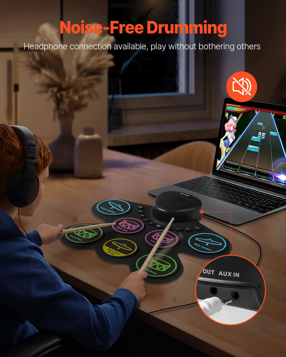 Vevor Electronic Drum Set, 7 Pads, Roll-Up Practice Drum Pad With Headphone Jack, Built-In Speaker, Electric Drum Kit With Pedal