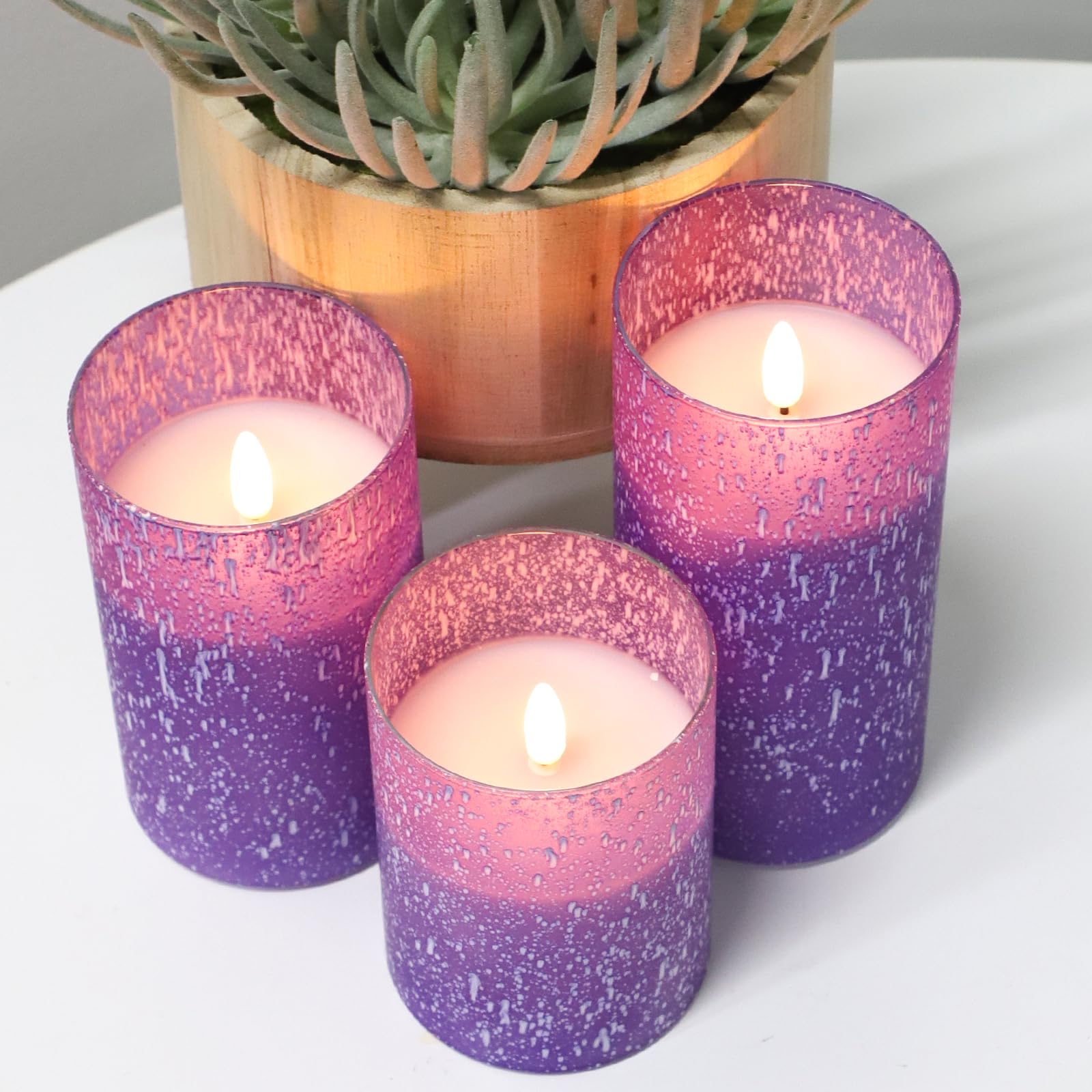 Hjandhj Purple Flameless Candles With Remote, Flickering Battery Operated Candles With Timer, Set Of 3 Led Pillar Candles For Ou