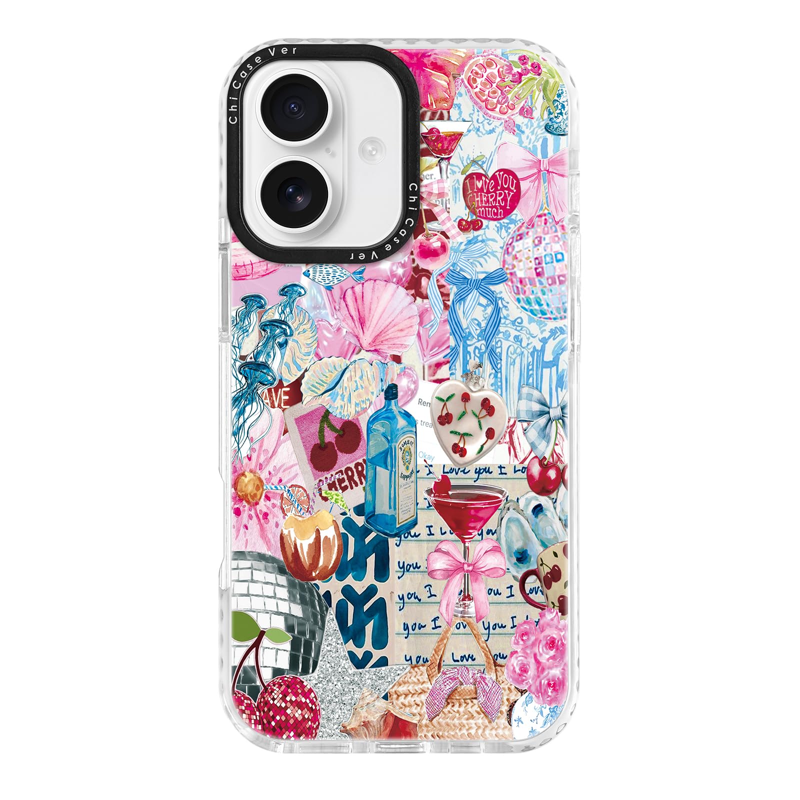 ChiCaseVer for iPhone 16 Case, Cherry Love Collage Pattern with Romantic Notes & Seashells, Festive Soft Slim TPU Protective Cov