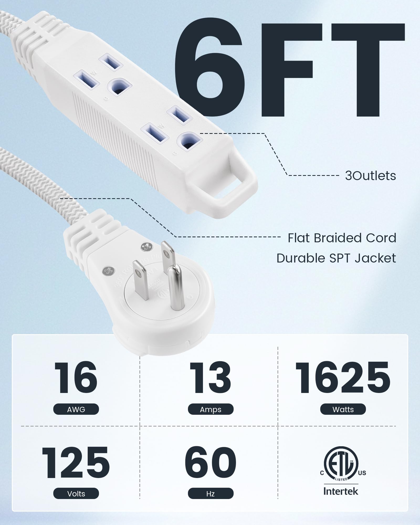 Suraielec 6Ft 360 Rotating Flat Plug Extension Cord With 3 Outlets, Braided Flat Wall Plug, 16 Awg Thin White Extension Cord For
