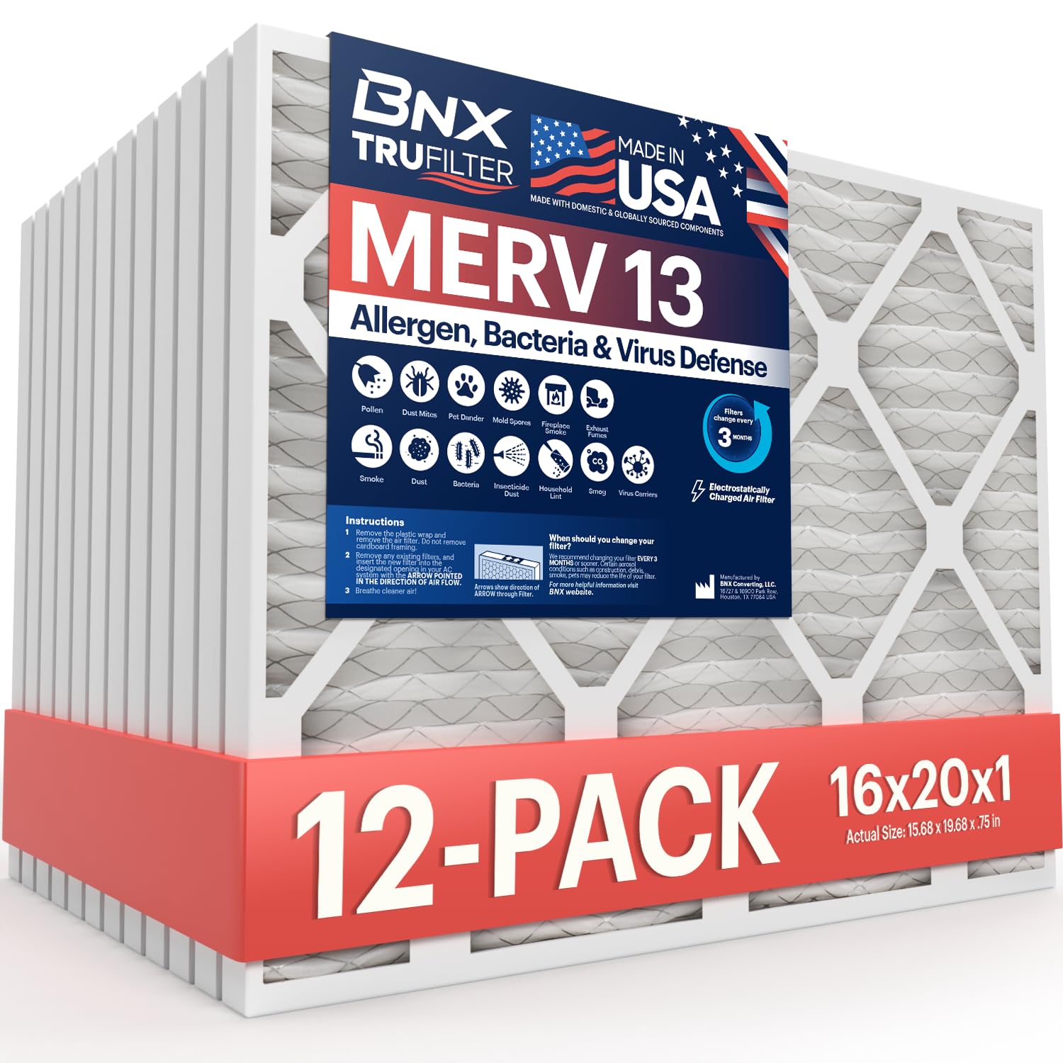 BNX TruFilter 16x20x1 MERV 13 (12-Pack) AC Furnace Air Filter - MADE IN USA - Electrostatic Pleated Air Conditioner HVAC AC Furn
