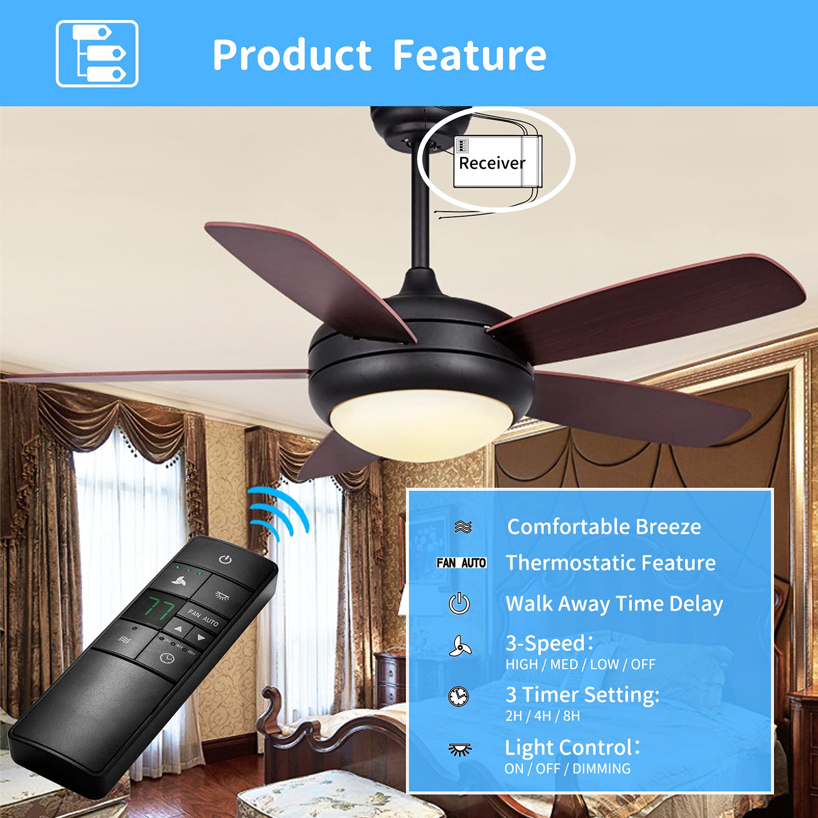Universal Thermostatic Ceiling Fan Remote Control Kit With Holder For Hampton Bay Hunter Home Decorators Collection, Multiple Sp