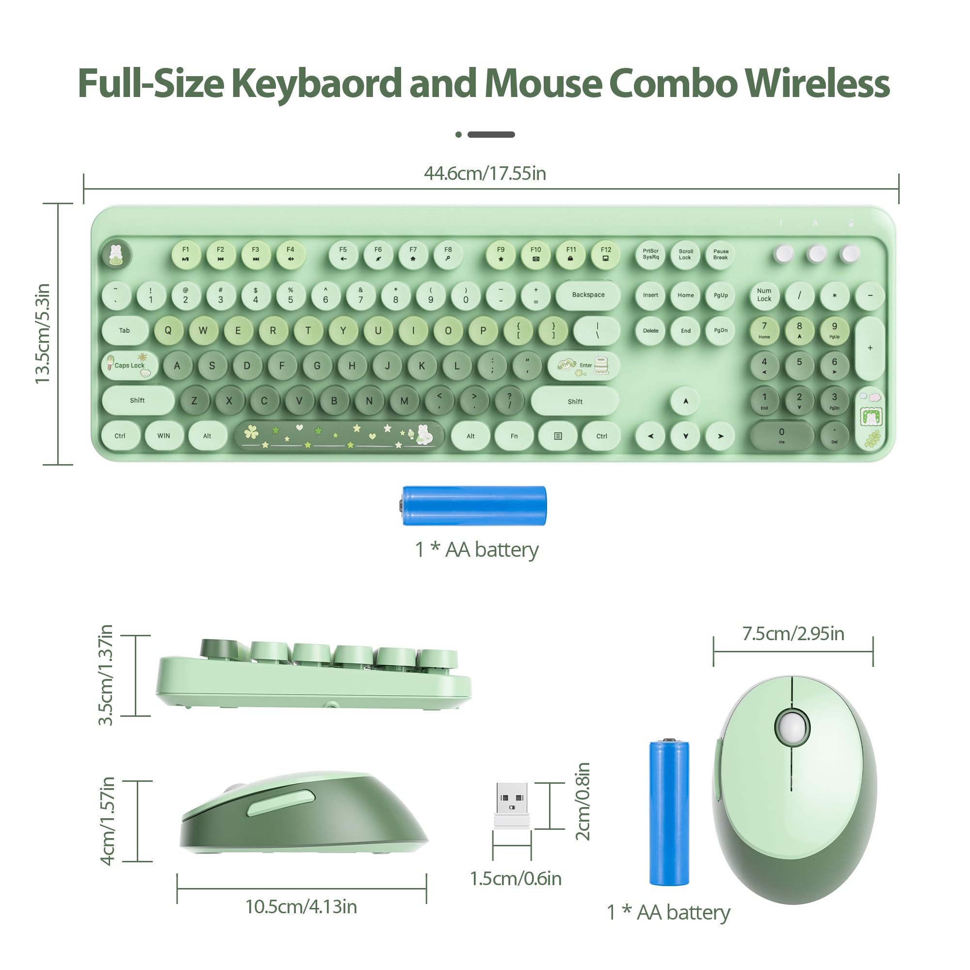 Fogruaden Green Keyboard And Mouse Wireless, Retro Typewriter Keyboard, 2.4Ghz 104 Keys Full Size Cute Keyboard With Number Pad,
