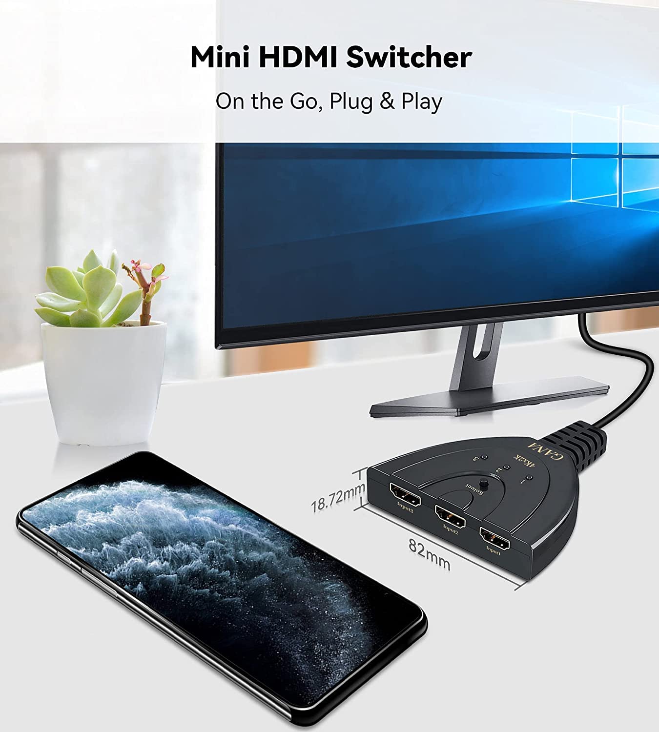 Hdmi Switch, Gana 4K Hdmi Splitter 3 In 1 Out, 3 Port Hdmi Switcher Selector With Pigtail Hdmi Cable,Supports Full Hd 4K 1080P 3