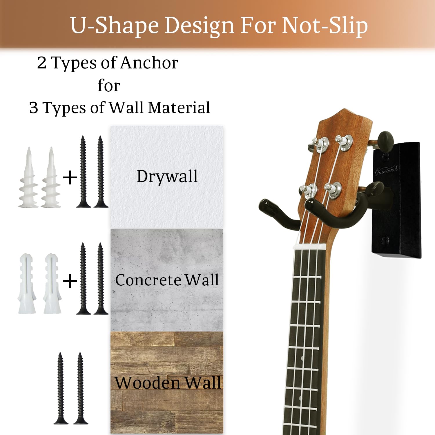 Ukulele Wall Mount Hanger, Black Hardwood U Shaped Ukulele Holder Hanger, Ukulele Wall Mount Hook For Ukulele Banjo Mandolin Con