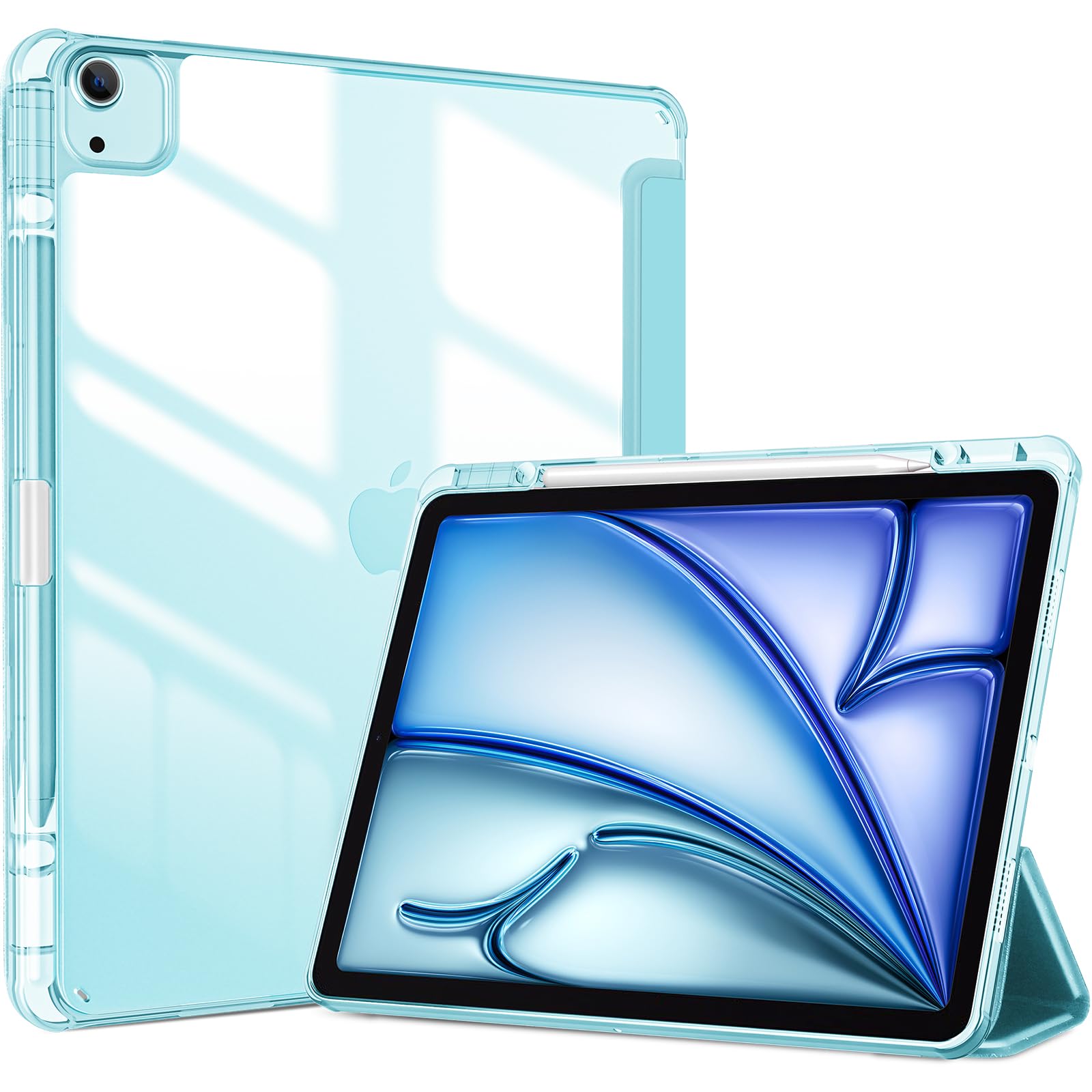Procase For Ipad Air 13 Inch Case M3 2025/M2 2024 With Pencil Holder, Hybrid Smart Cover Ipad 13 Air M3 M2 Case With Clear Transparent Back, Supports Touch Id, Auto Wake/Sleep  Skyblue