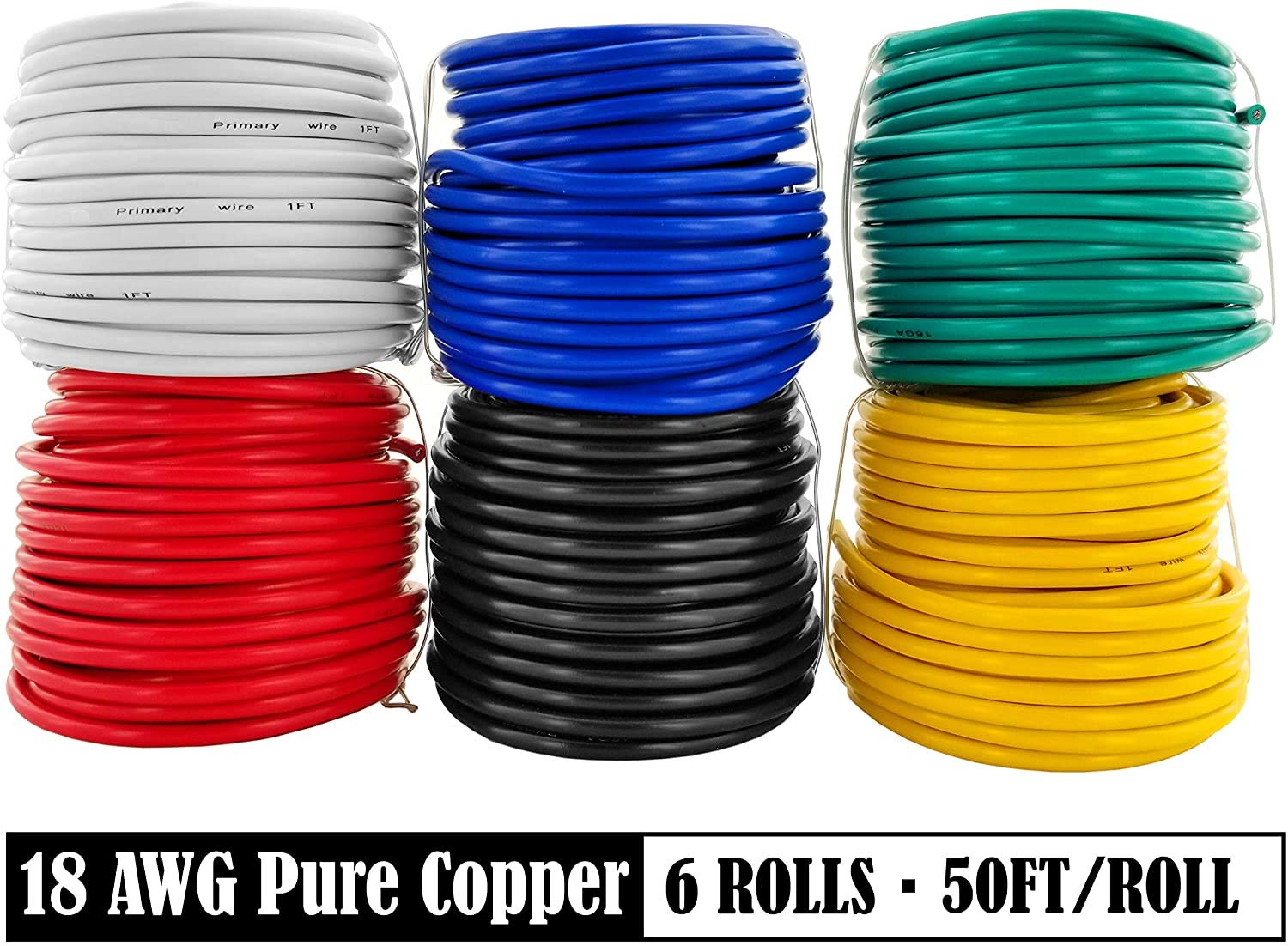 Gs Power 18 Awg (American Wire Gauge) Ofc Pure Copper Automotive Primary Wire 6 Roll Color Combo (50 Feet Roll, 300 Ft Total) Fo