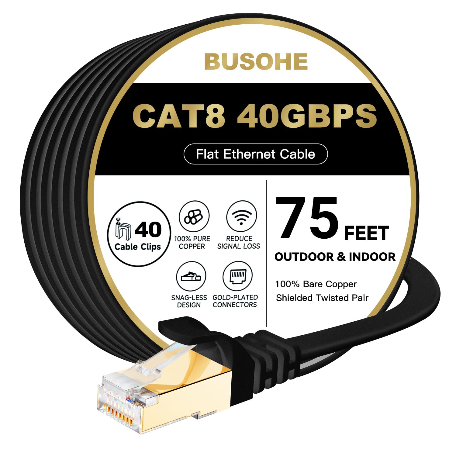 BUSOHE Cat 8 Ethernet Cable 75 FT, 40Gbps 2000MHz Cat8 High Speed Flat Internet Network Patch Cord, SFTP Shielded LAN Wire with 