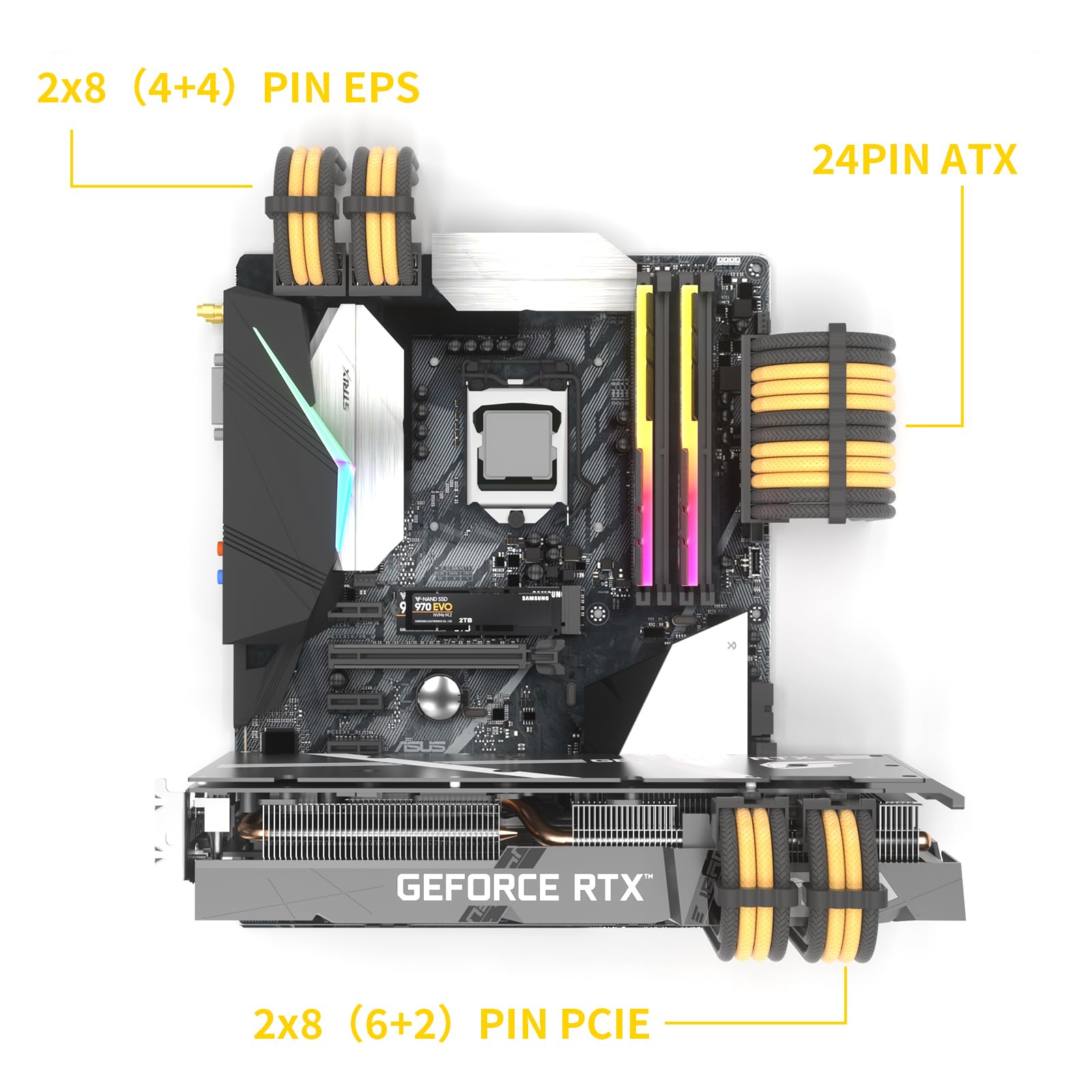 Sirlyr Psu Cables,Pc Cable Extension Mod,Customized Pre Install Cable Combs Power Supply Cable   1X24Pin Atx / 2X8 (4+4) Pin Eps