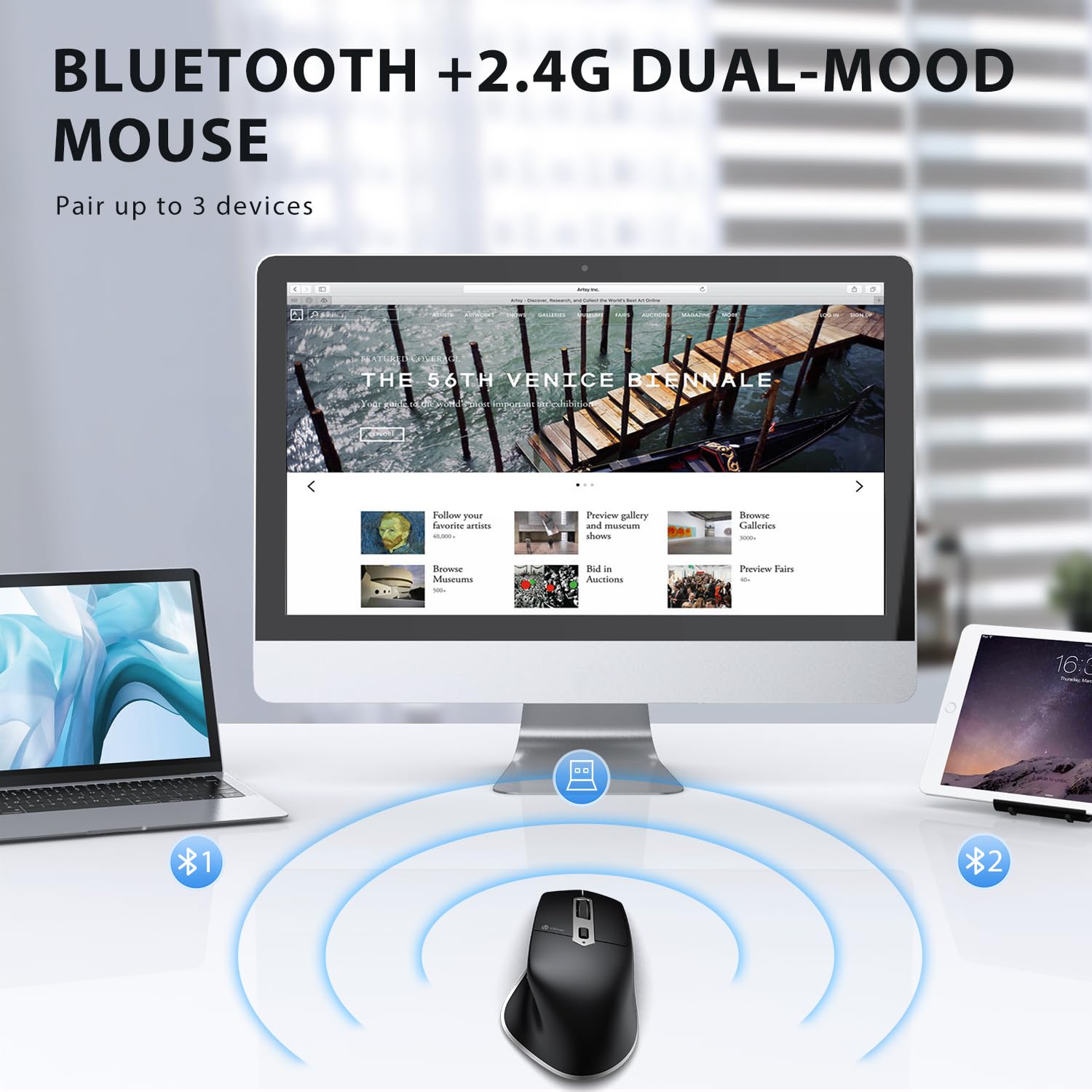 Iclever Bluetooth Mouse, Wireless Large Mouse, Multi Devices Dual Mode, Ergonomic Mouse With 5 Adjustable Dpi And 7 Buttons, Rec