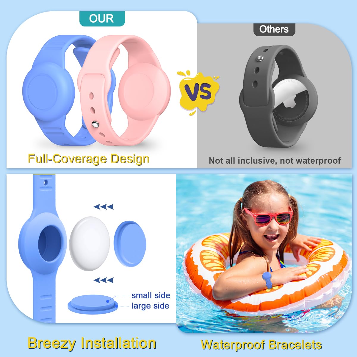 [4 Pack] Compatible For Air Tag Holder Waterproof, Kids Air Tag Bracelets & Kids Air Tag Necklace Adjustable | Full Coverage | S