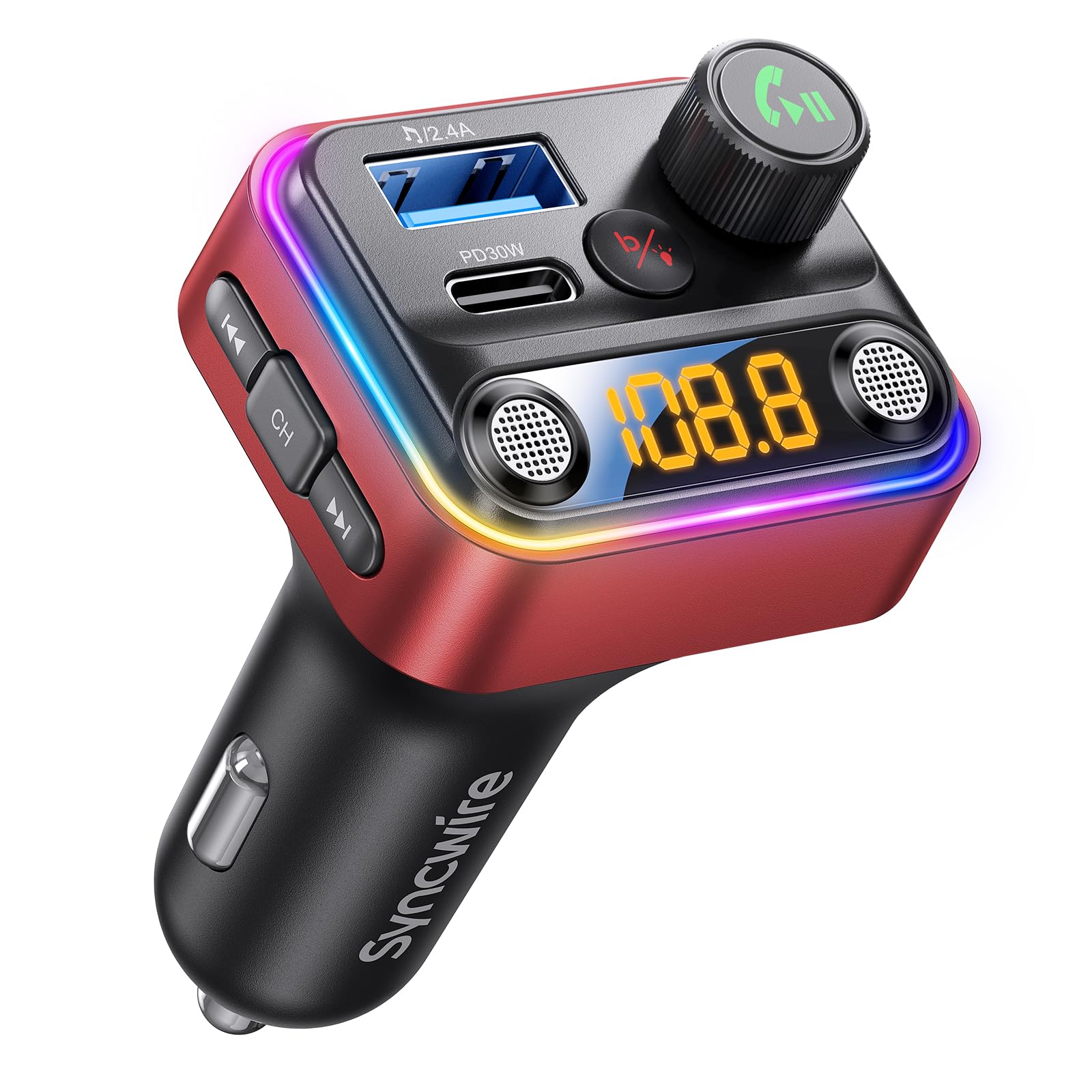 Syncwire Bluetooth 5.4 Fm Transmitter Car Adapter 42W [Light Switch] [Stronger Dual Mics] [Hifi Deep Bass] [Fast Charging] Wirel