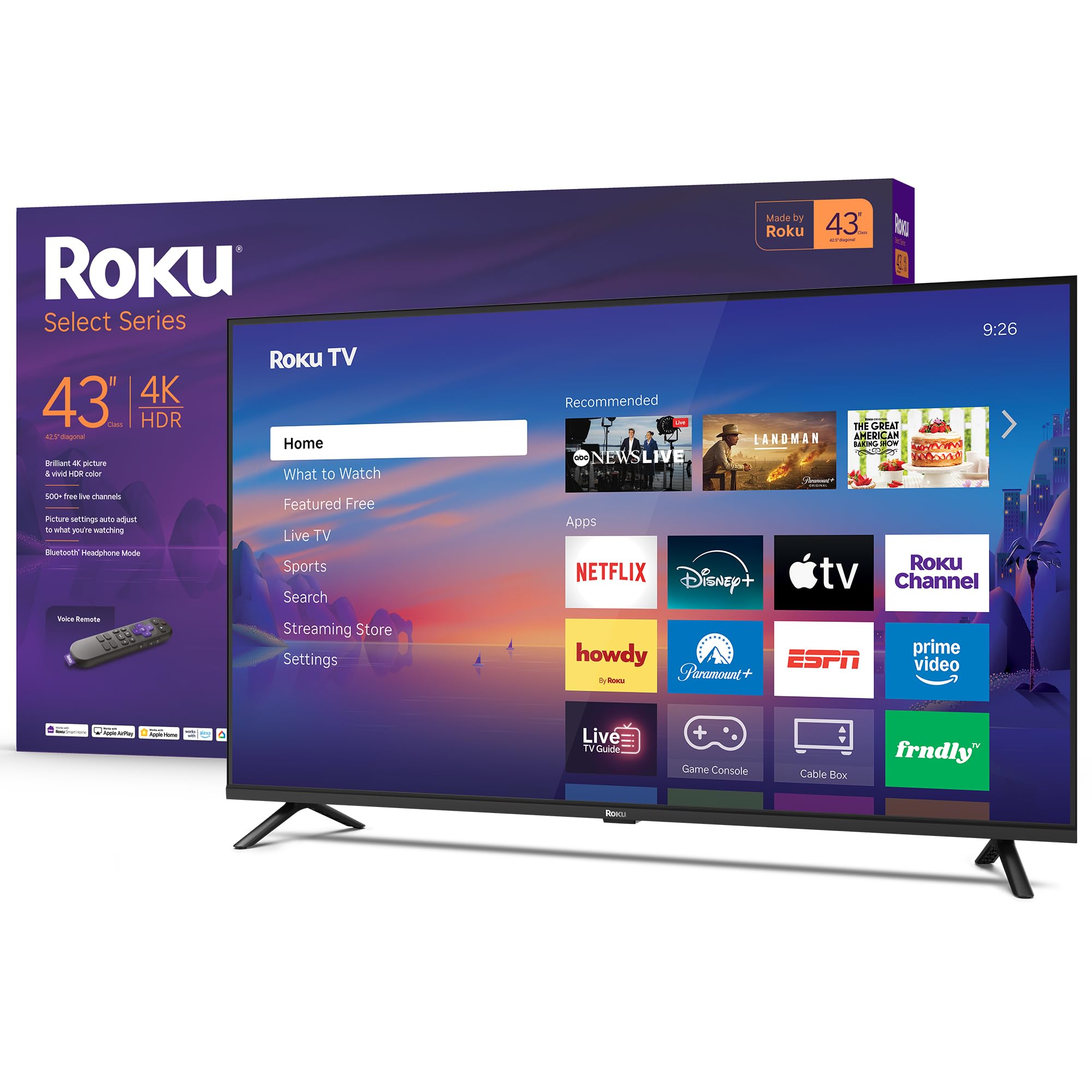 Roku Smart TV 2026 - 43-Inch Select Series, 4K HDR TV - Roku TV with Voice Remote - Flat Screen LED Television with Wi-Fi for St