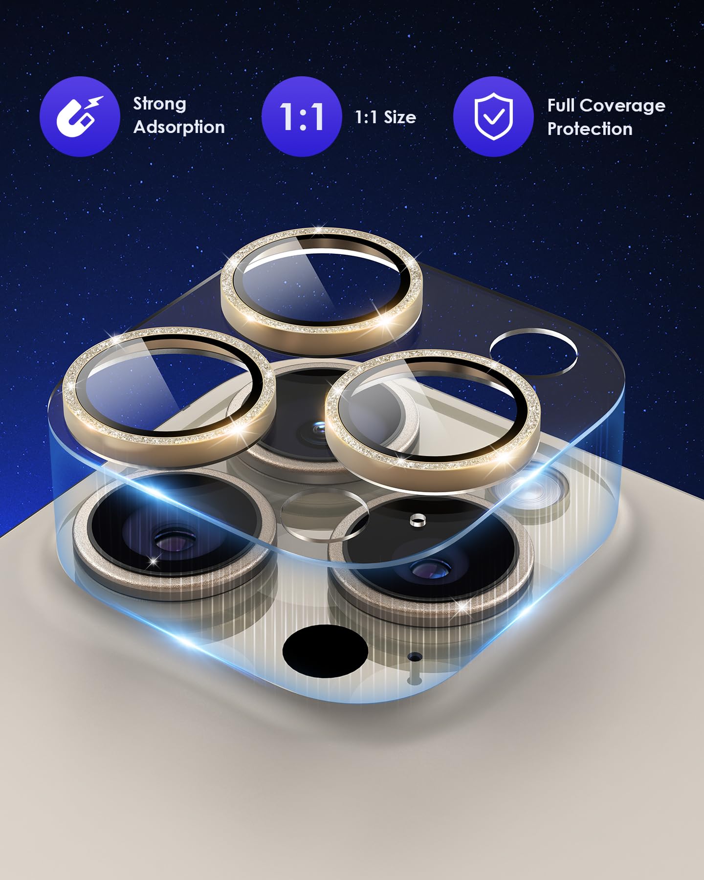 Kanosan For Iphone 15 Pro/Iphone 15 Pro Max Glitter Camera Lens Protector, Clear Acrylic Plus Aluminium Alloy Ring 9H Tempered G